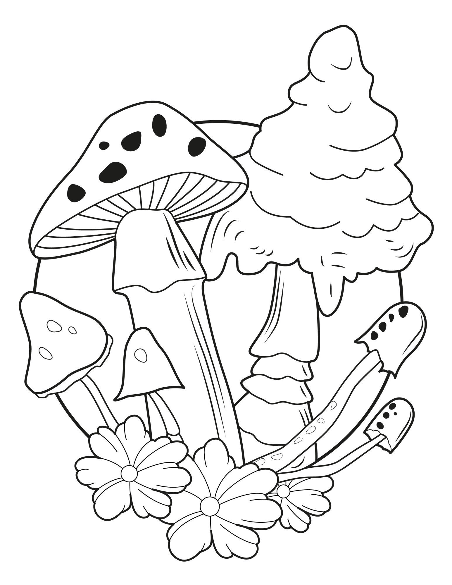 Раскраска для детей: грибы поганки в лесу