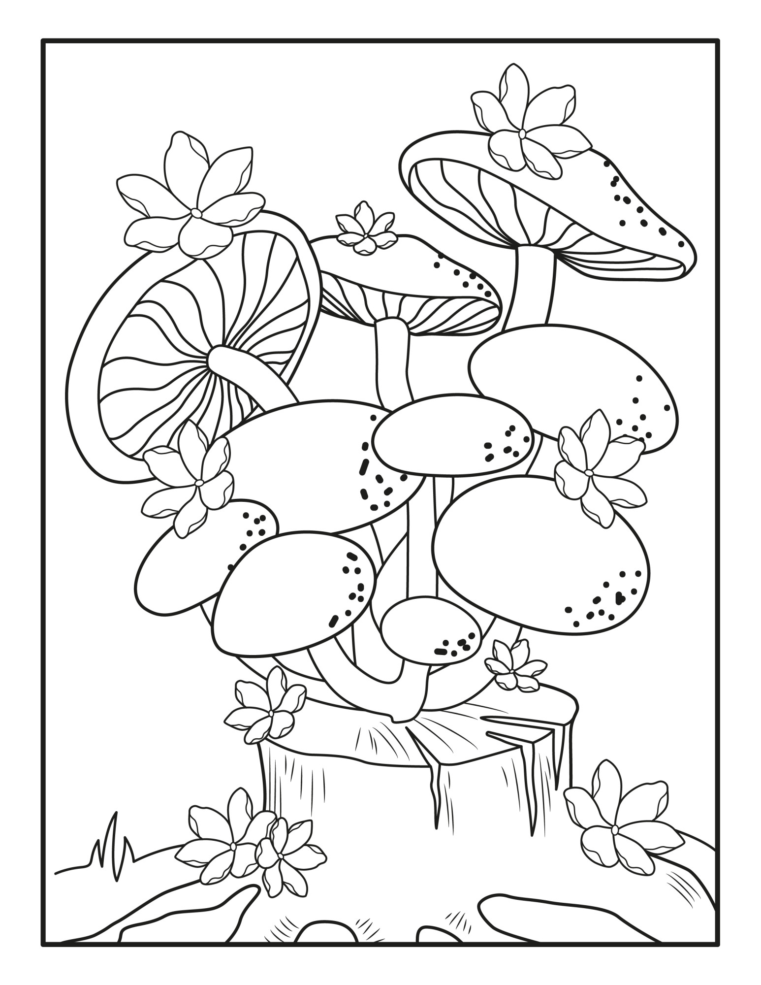 Раскраска для детей: грибы на пеньке с цветами