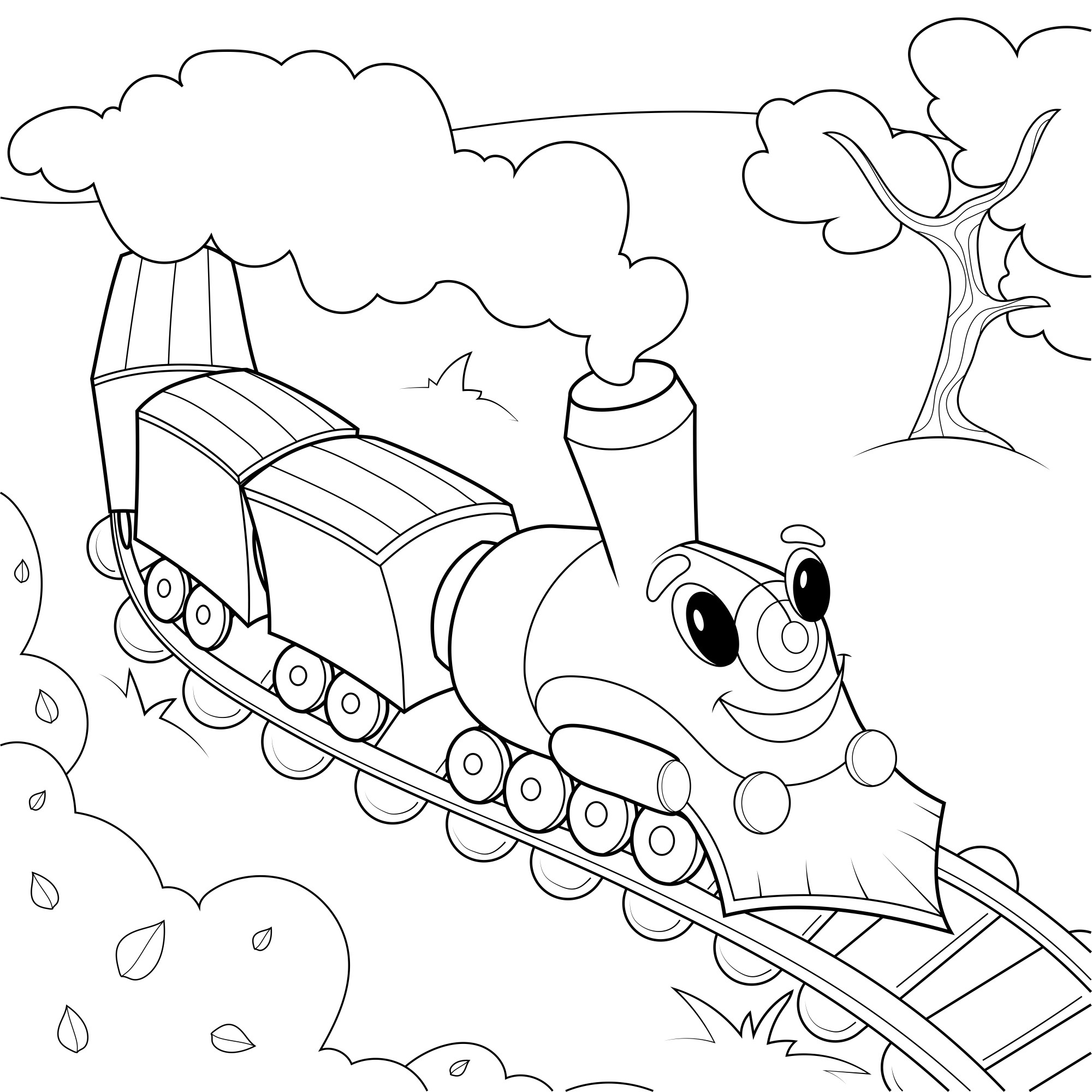 Раскраска для детей: детский поезд паровозик с глазами мчится по железной дороге