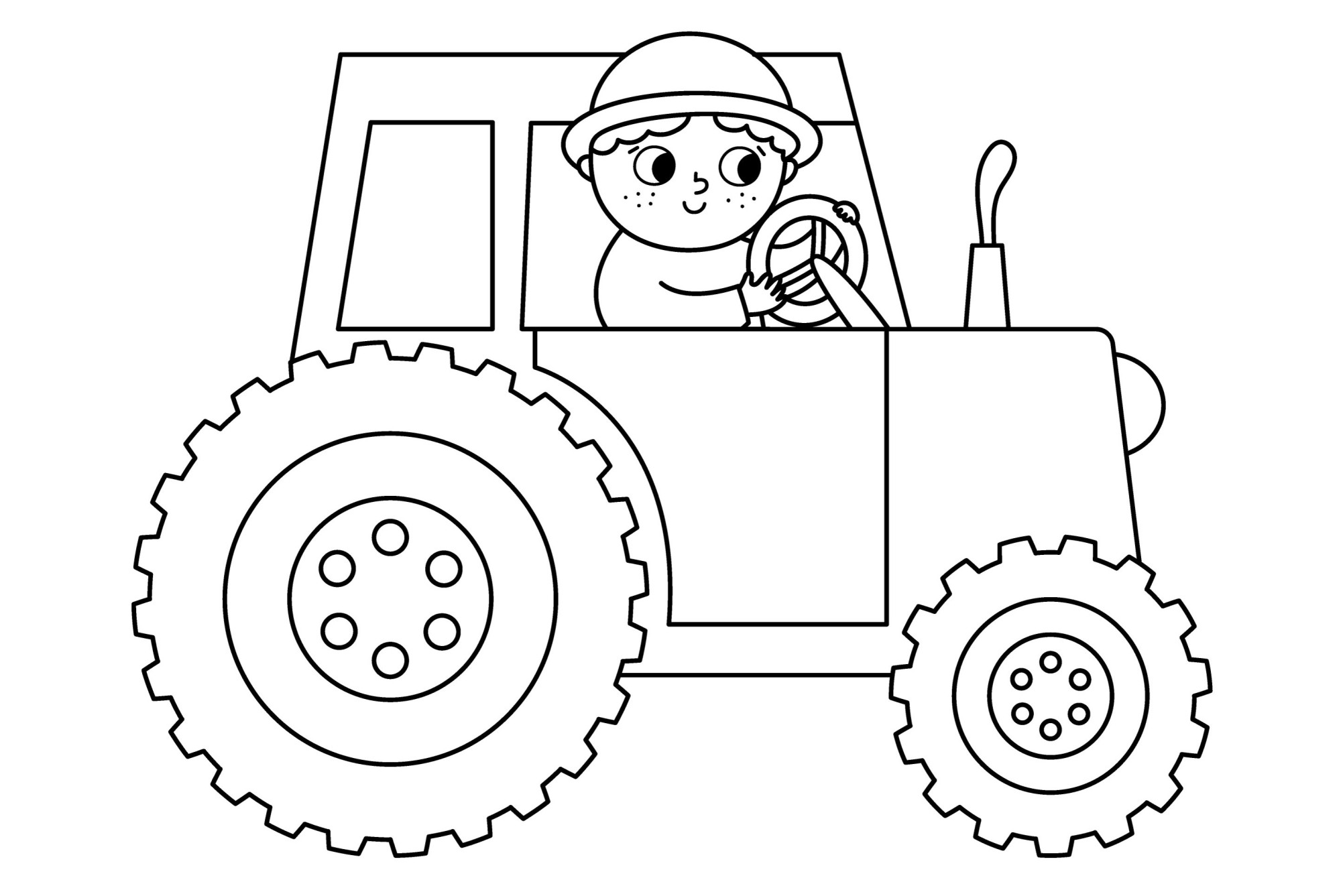 Раскраска для детей: ребенок едет на тракторе