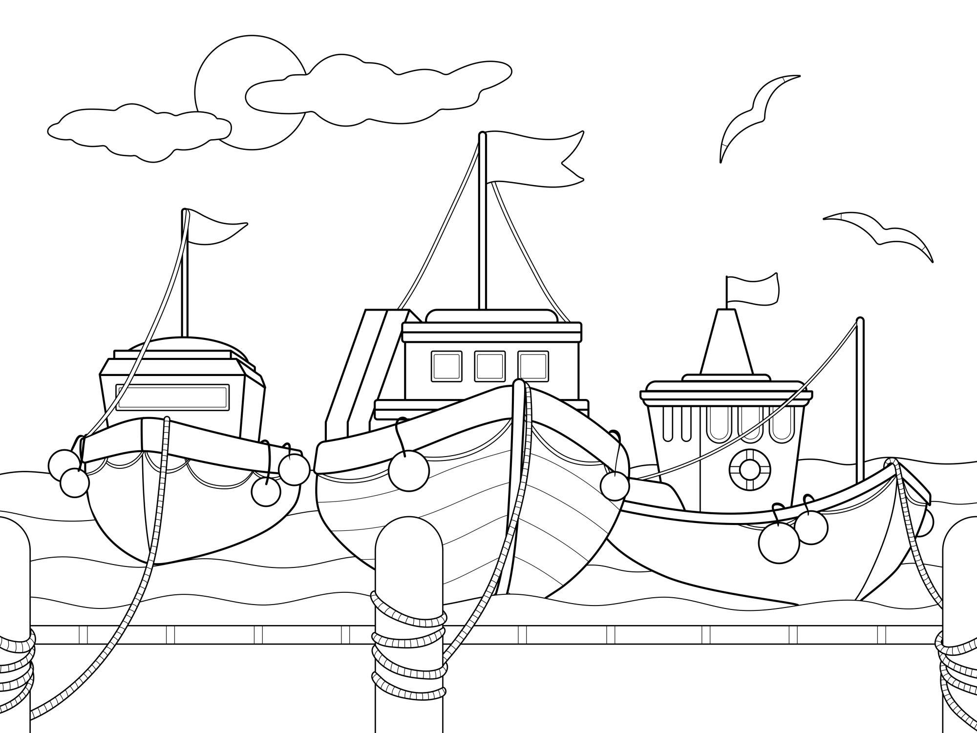 Раскраска для детей: три корабля в пристани