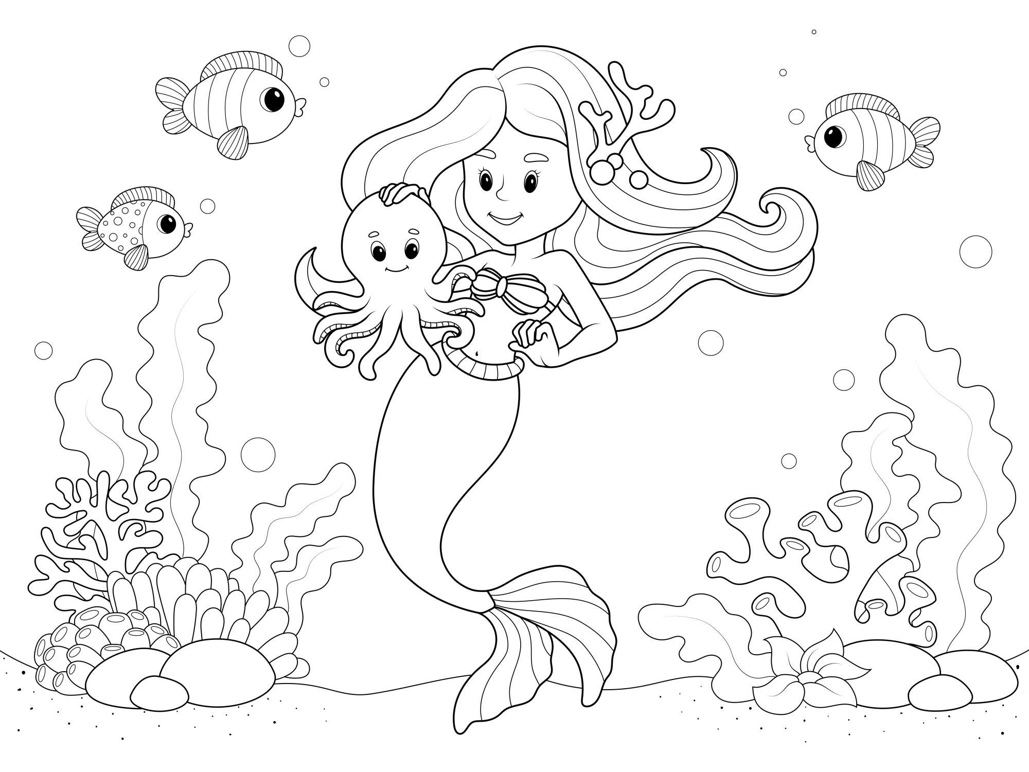 Раскраска для детей: танцы русалки с осьминогом на дне морском