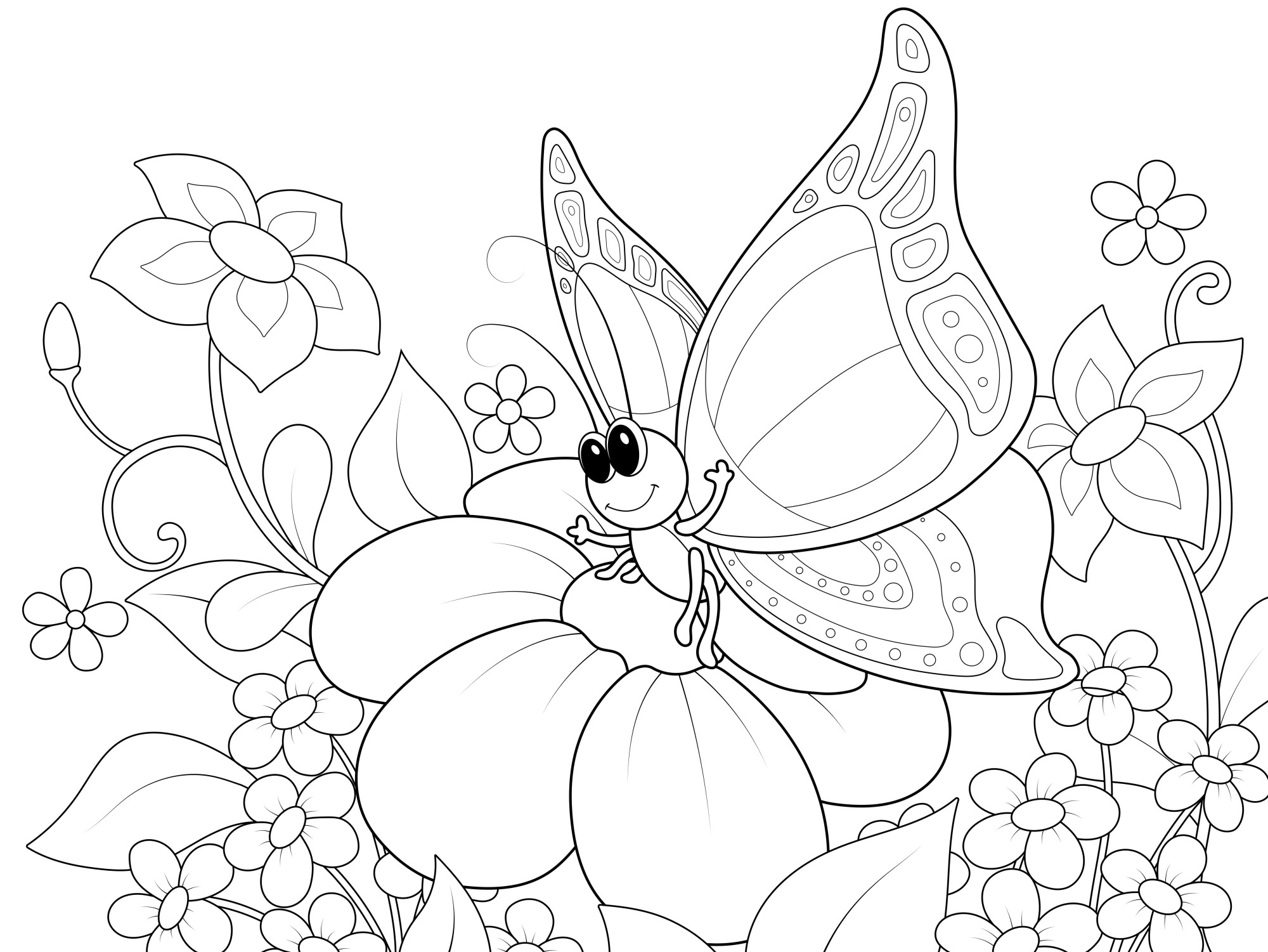 Раскраска для детей: маленькая бабочка сидит на цветке