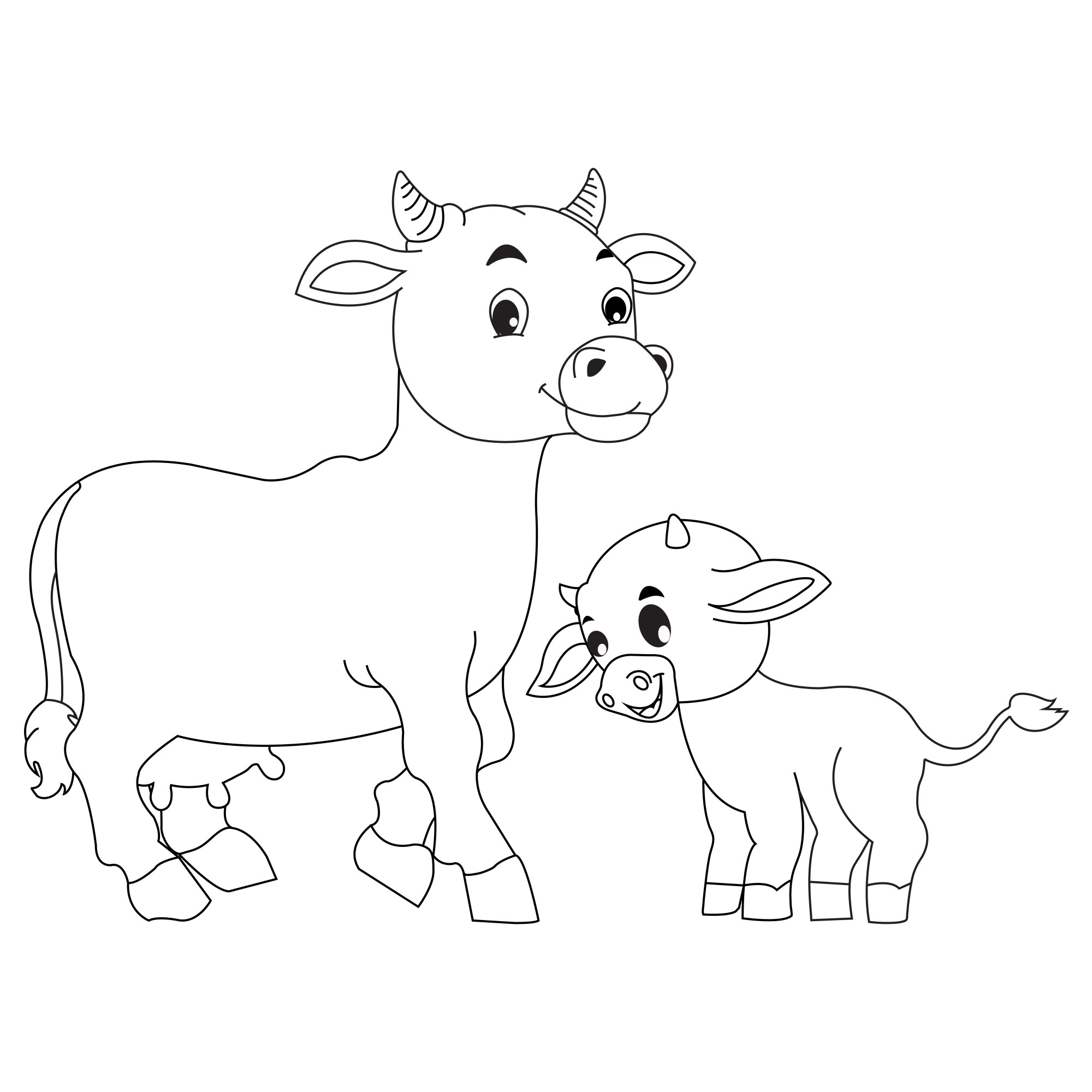 Раскраска для детей: корова с милым теленком