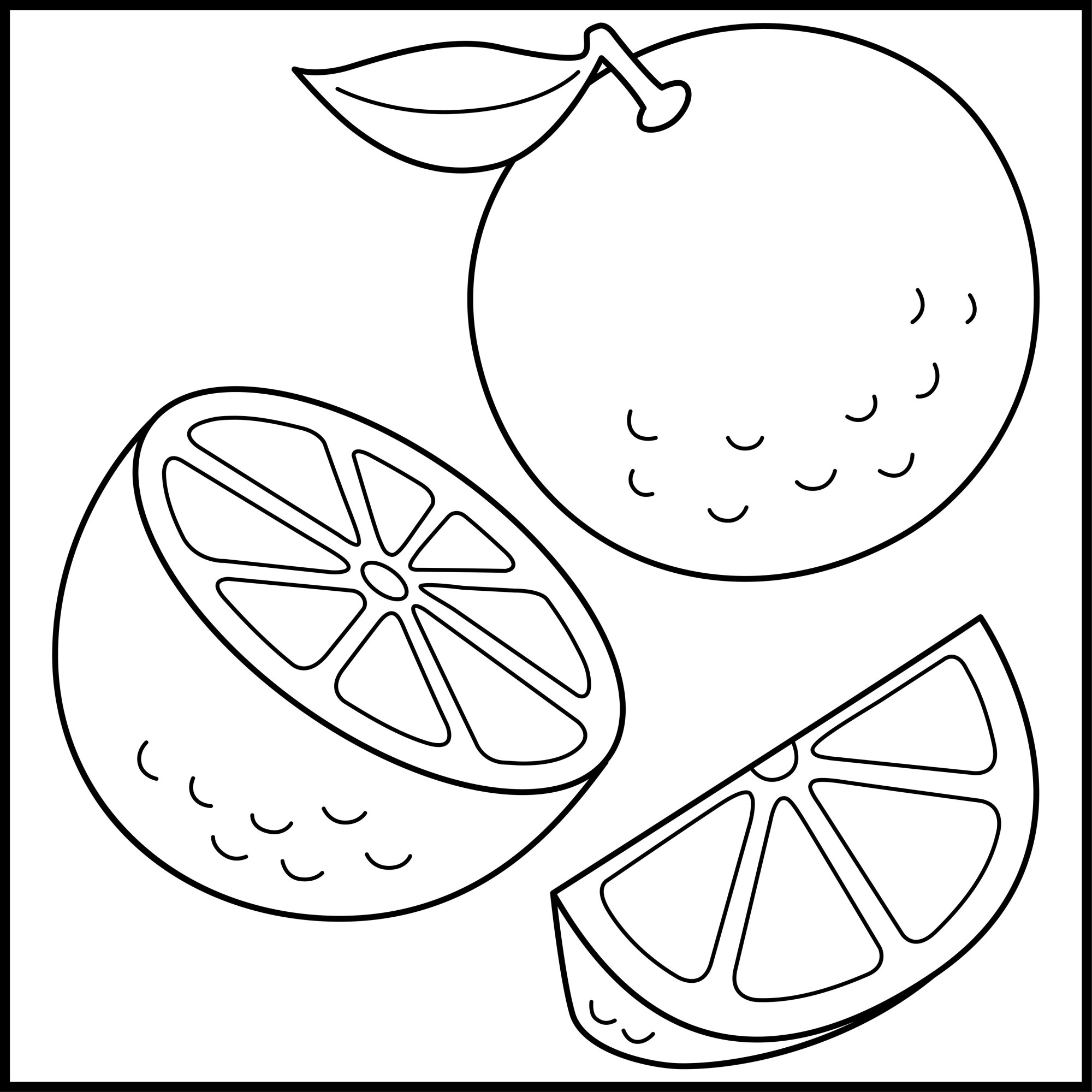 Раскраска для детей: апельсин с половинкой и долькой