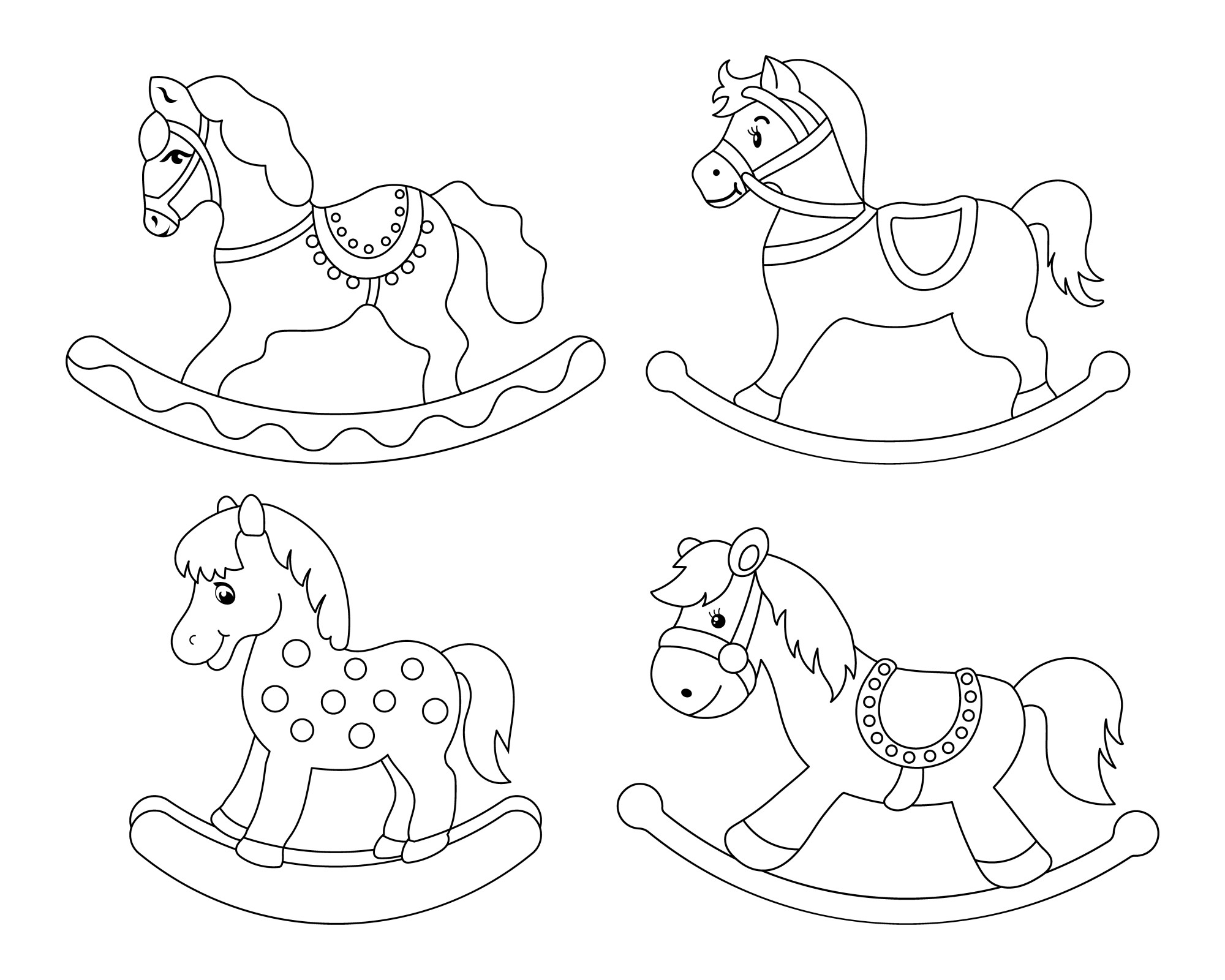 Раскраска для детей: четыре игрушки лошадки-качалки