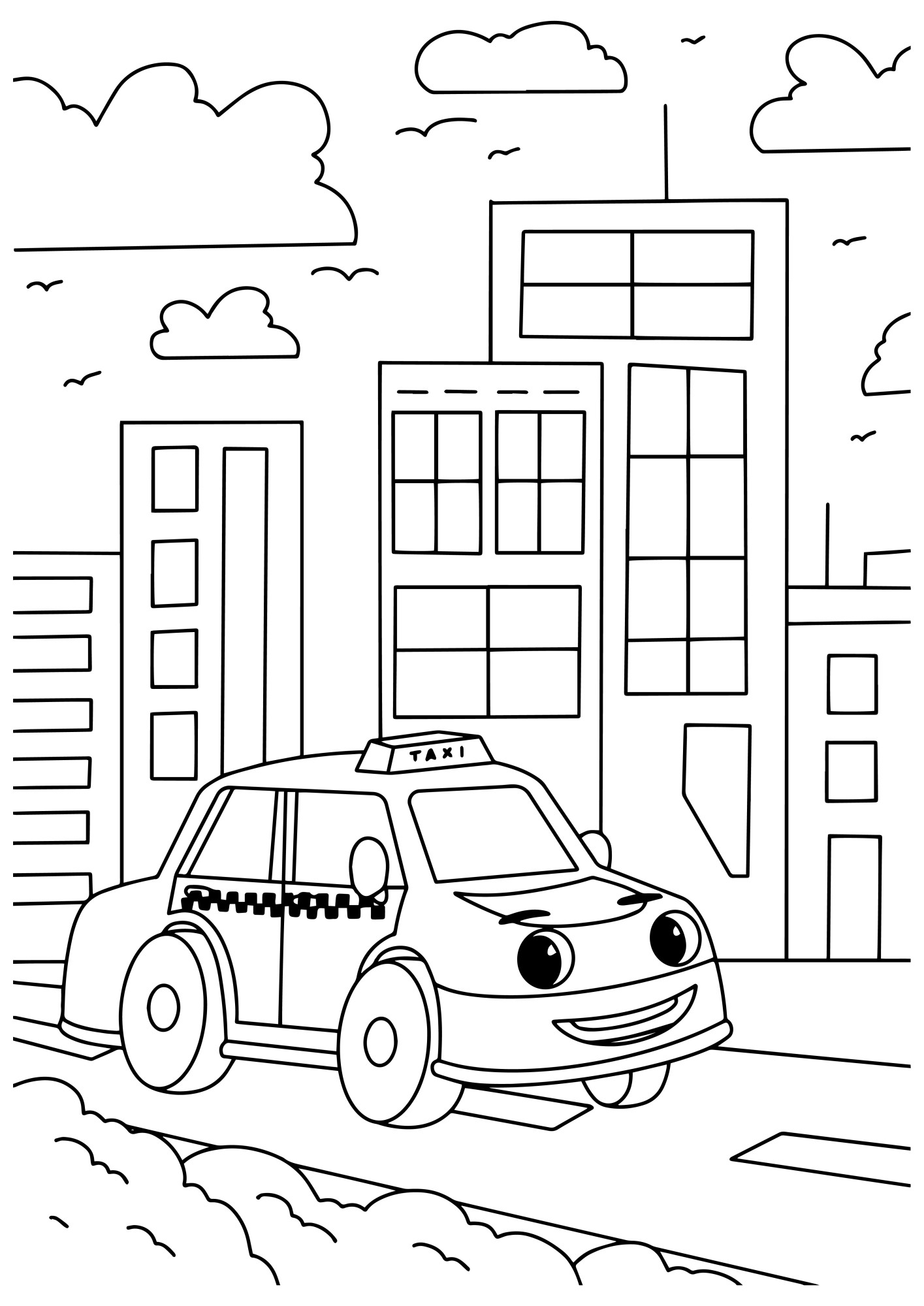 Раскраска для детей: мультяшное такси с глазами едет по городу