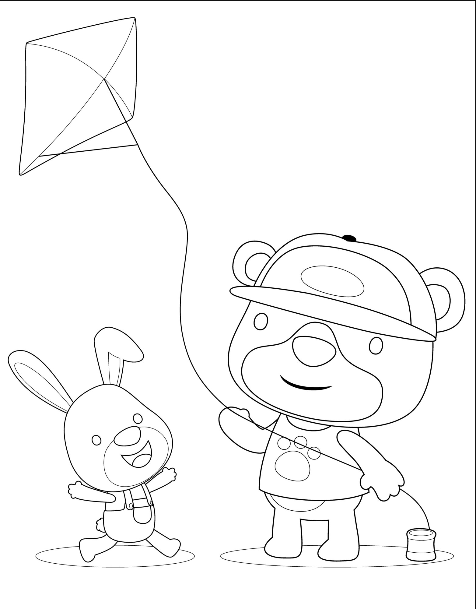 Раскраска для детей: мультяшные игрушки заяц и медведь играют с воздушным змеем