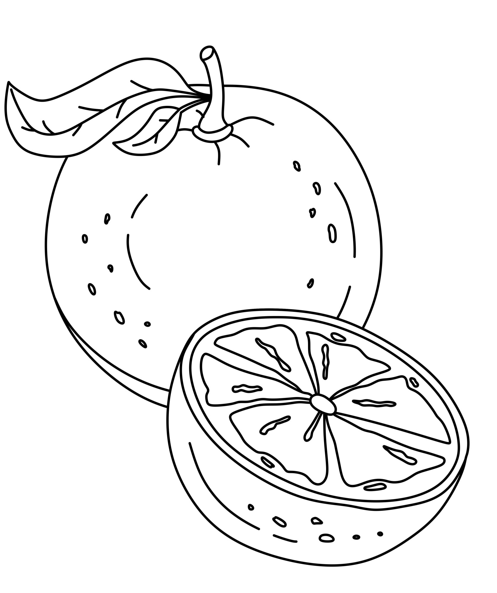 Раскраска для детей: круглый апельсин с половинкой