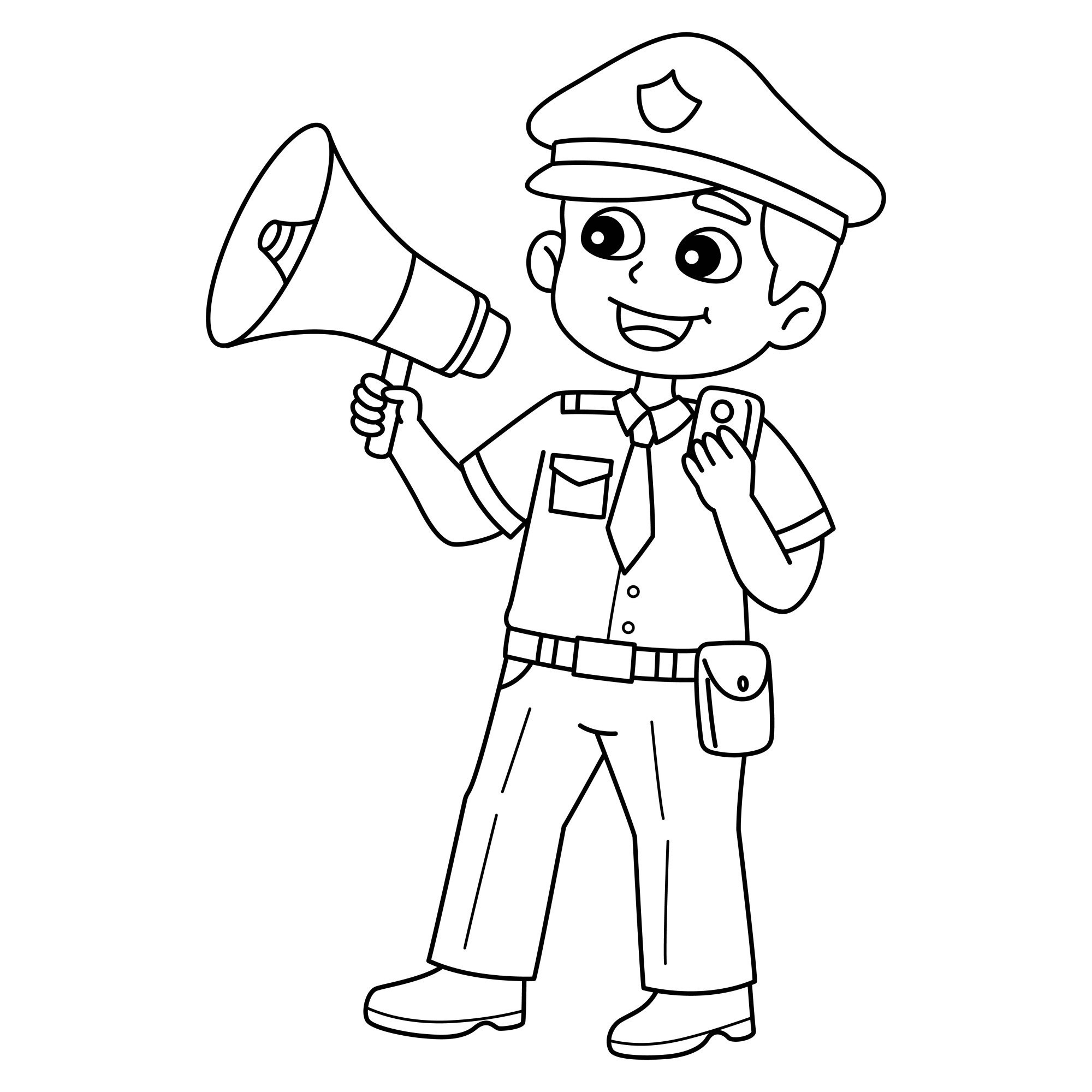Раскраска для детей: полицейский с громкоговорителем