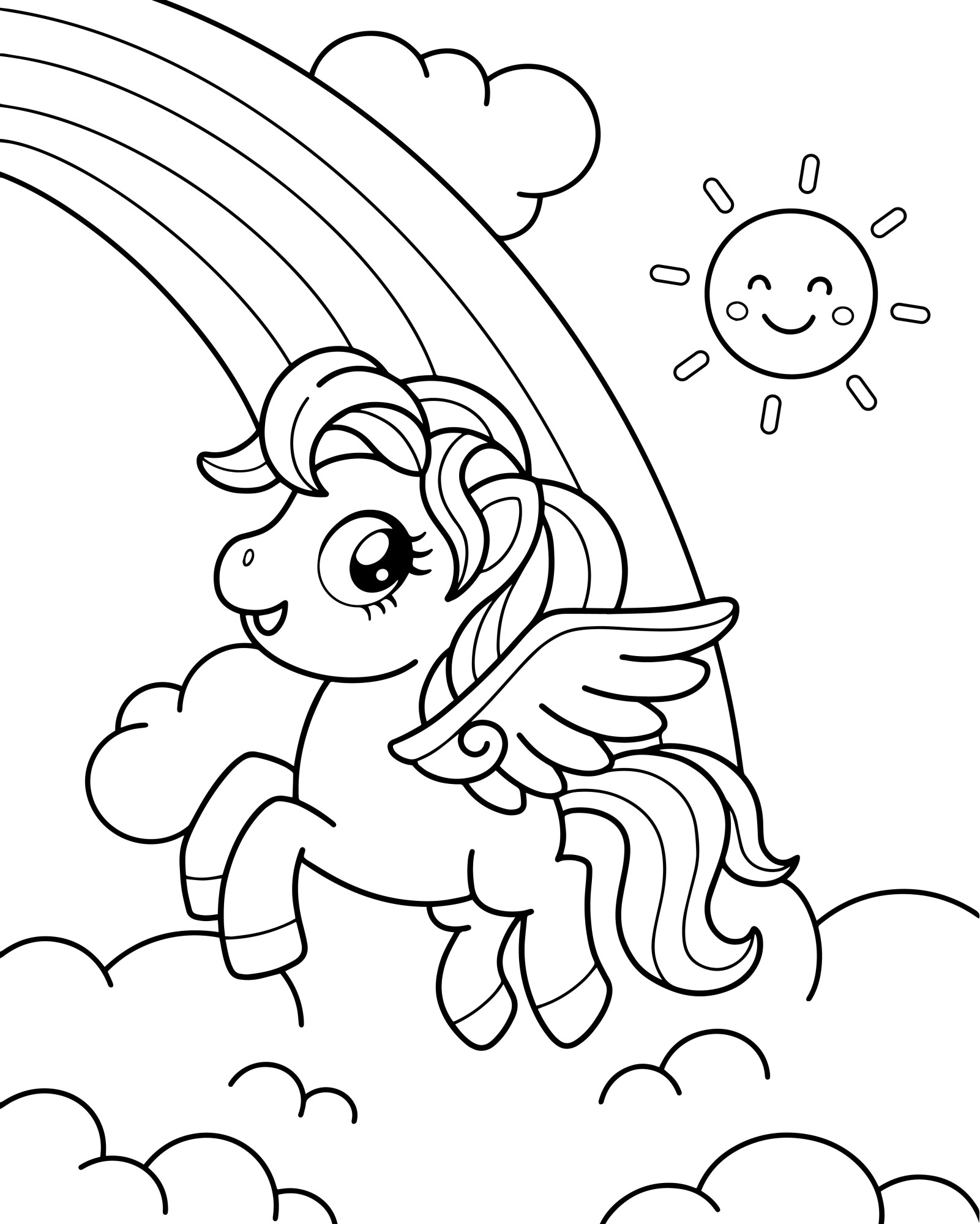 Раскраска для детей: единорог летит рядом с радугой