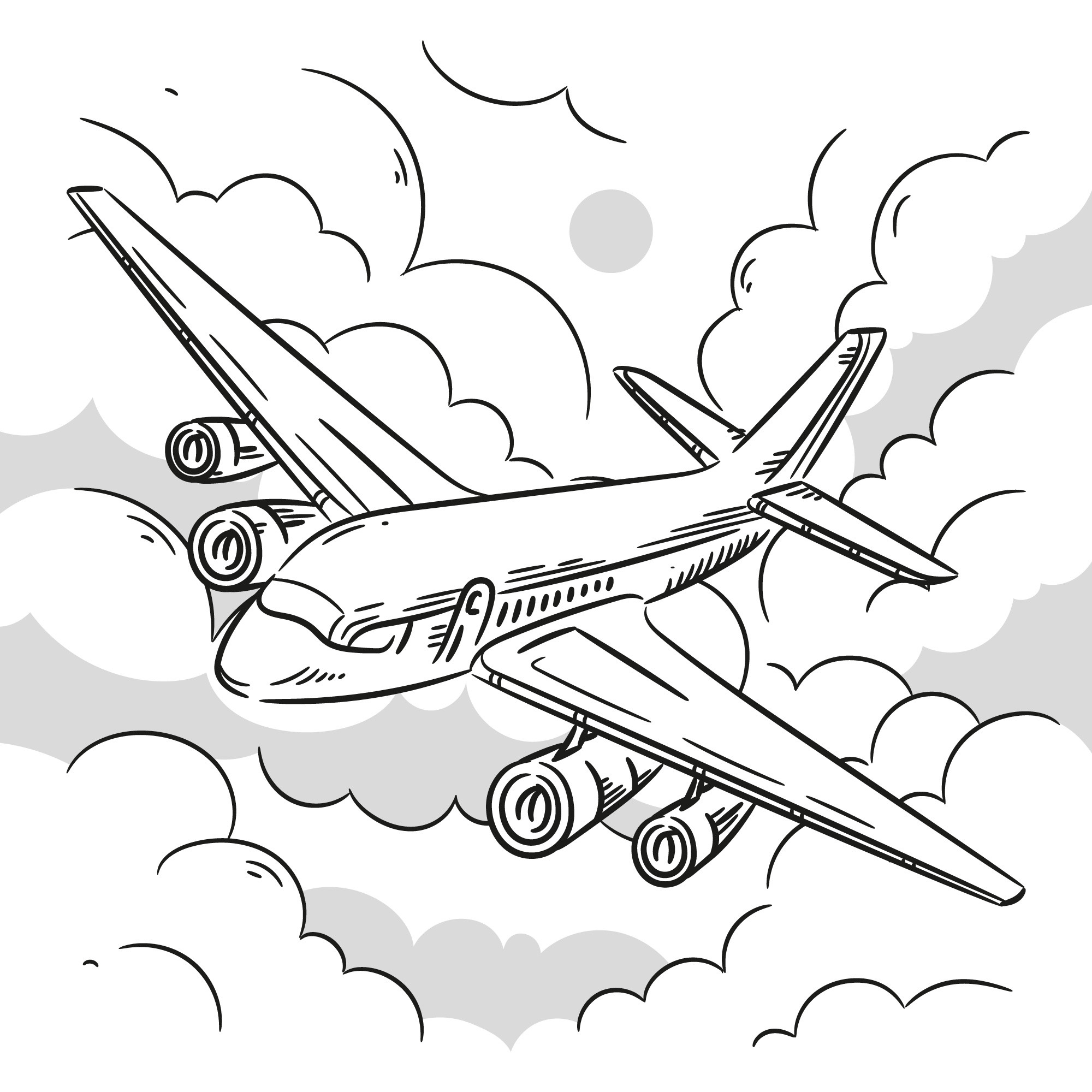 Раскраска для детей: пассажирский самолет в облаках
