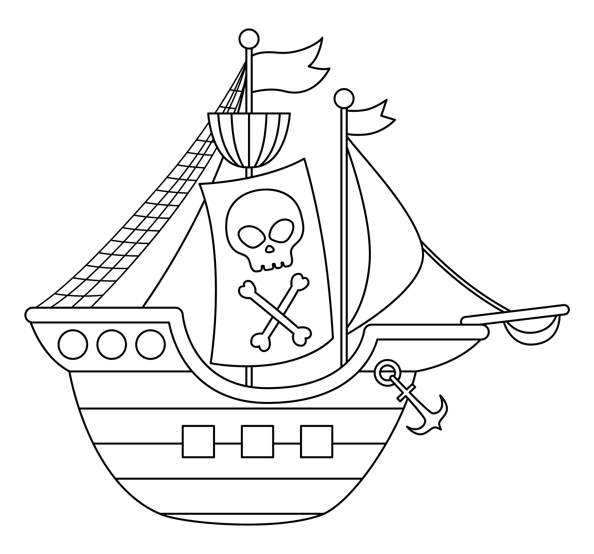 Раскраска для детей: пиратское судно с якорем и флагом