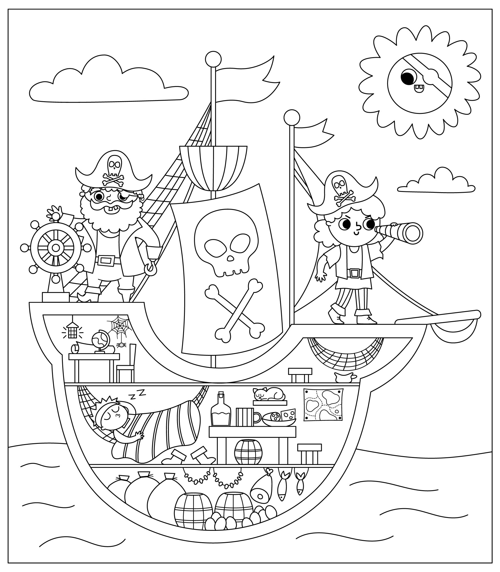 Раскраска для детей: пиратский корабль с грузовым трюмом и пиратами на борту