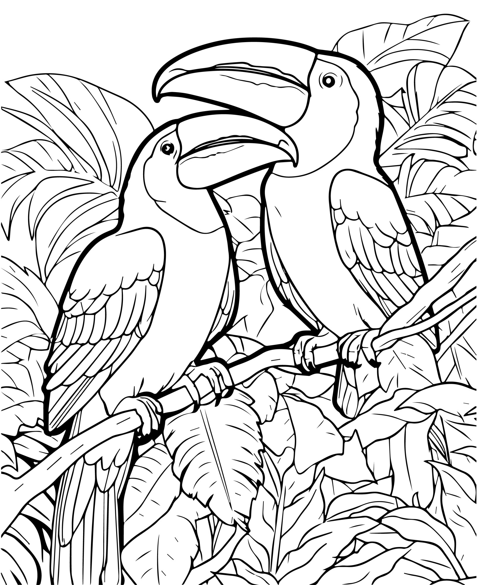 Раскраска для детей: два тукана на ветке в джунглях