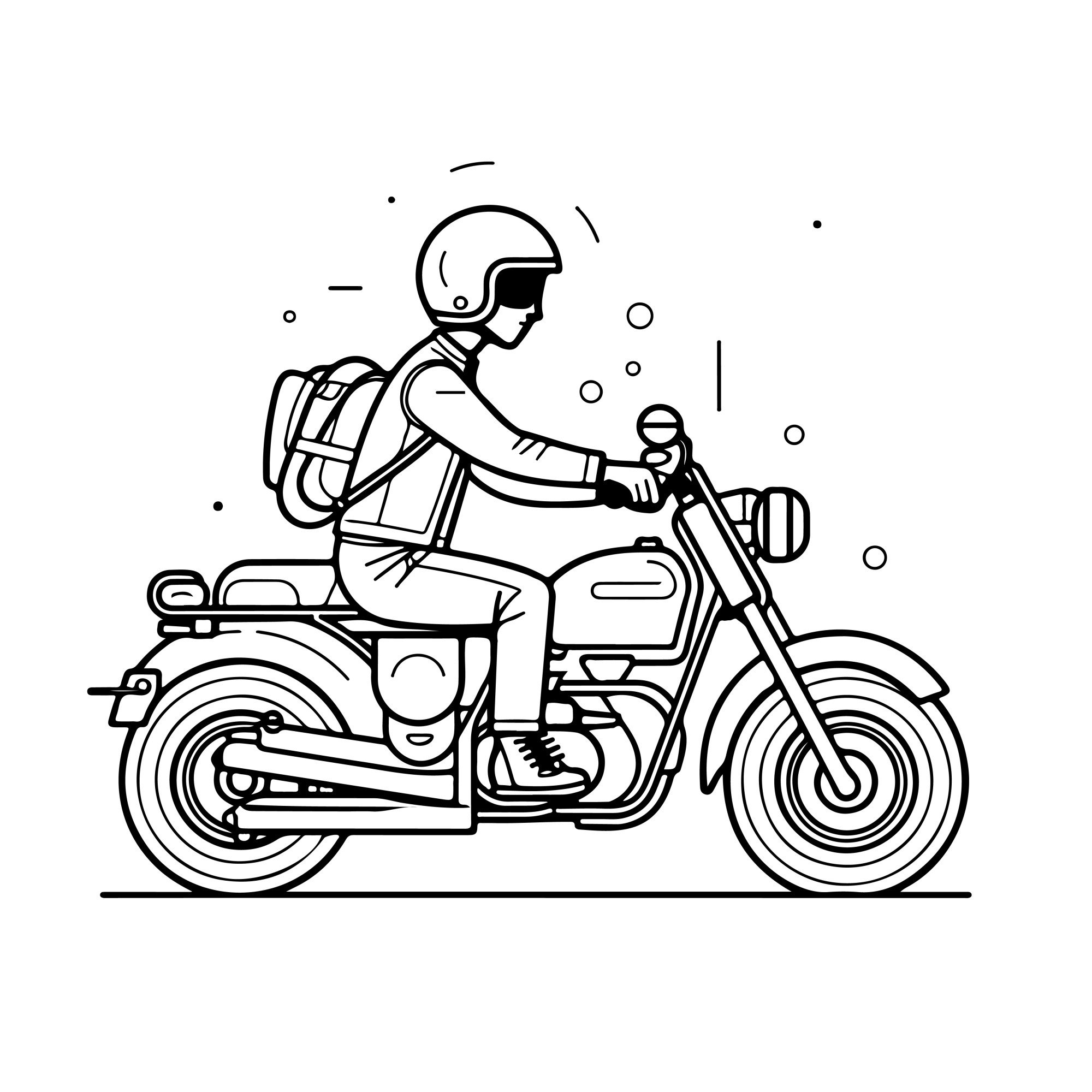 Раскраска для детей: путешественник на мотоцикле