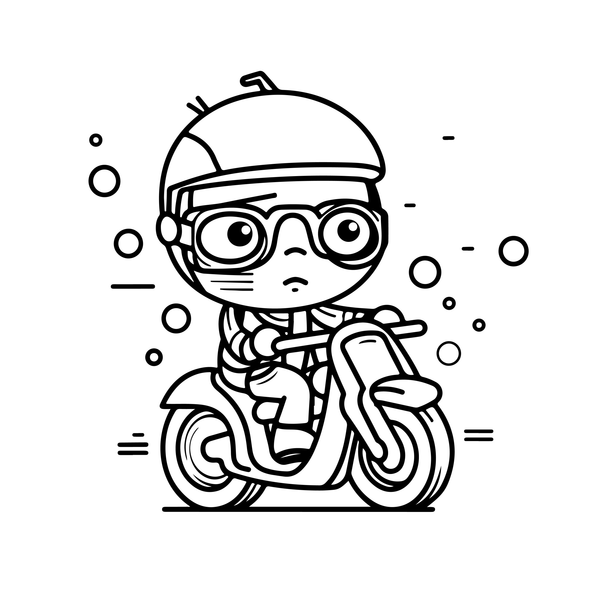 Раскраска для детей: мультяшный мотоцикл с мальчиком в очках