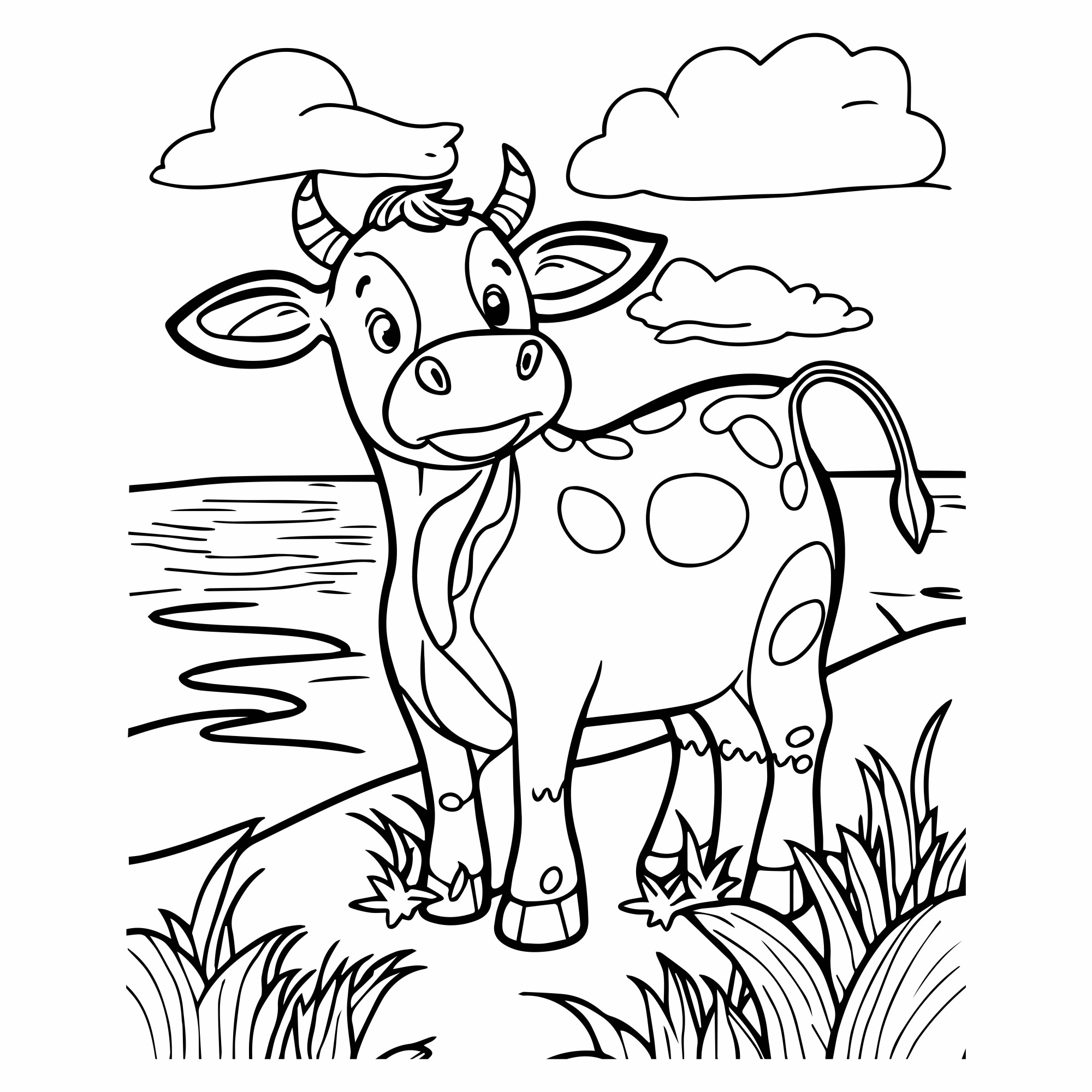 Раскраска для детей: корова гуляет по берегу реки