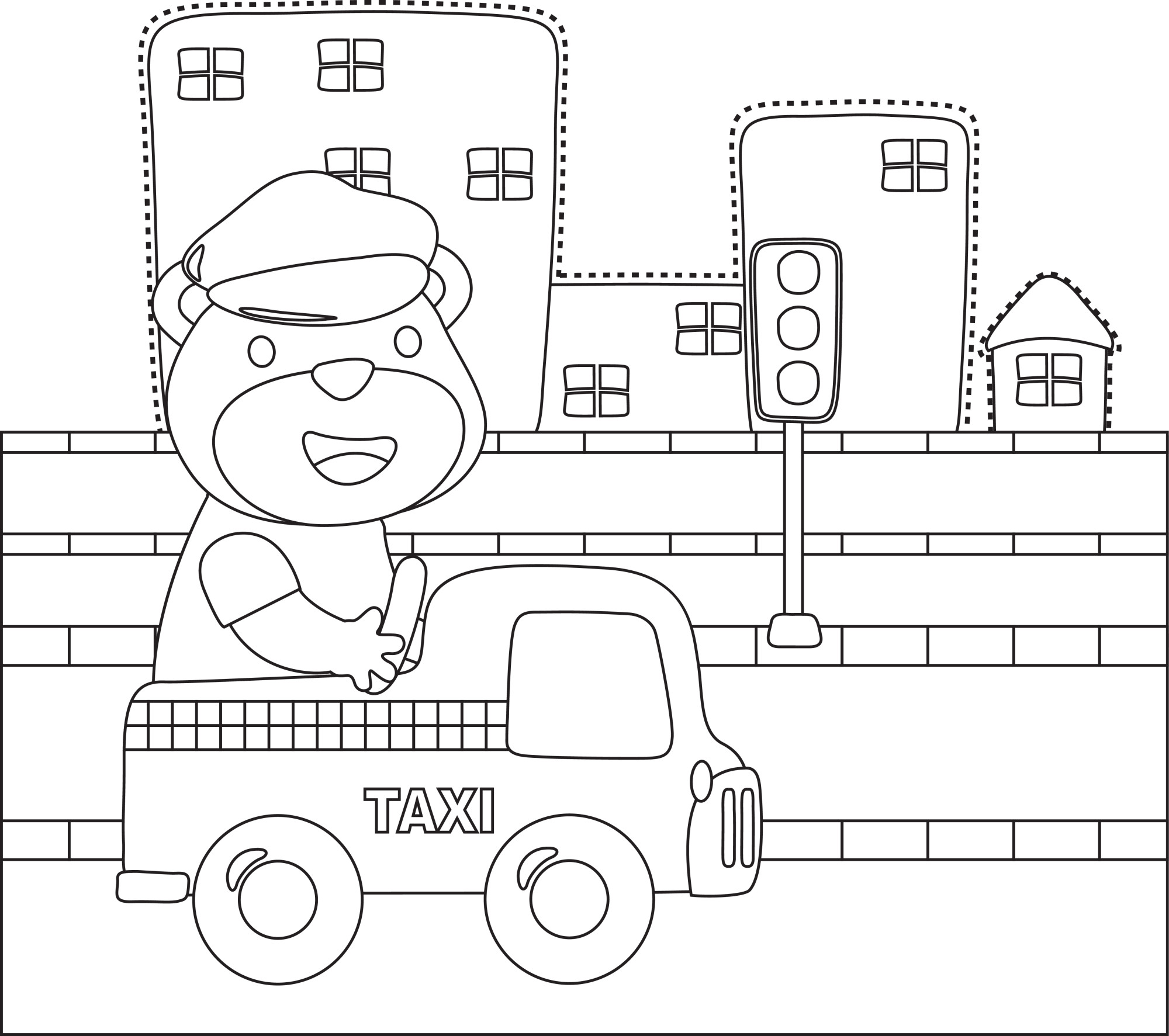 Раскраска для детей: такси едет по городу с водителем медведем