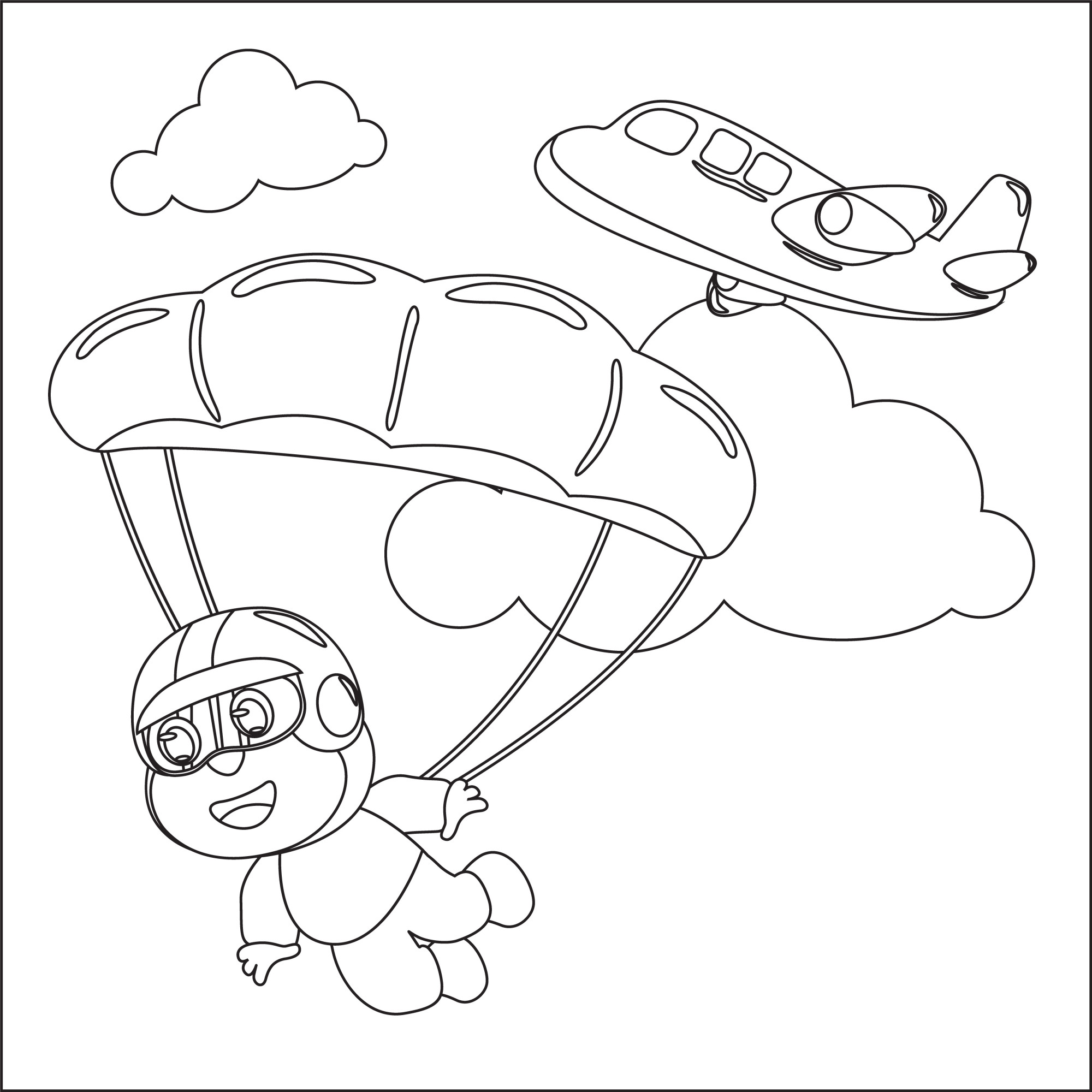 Раскраска для детей: парашютист прыгает из самолета самолет