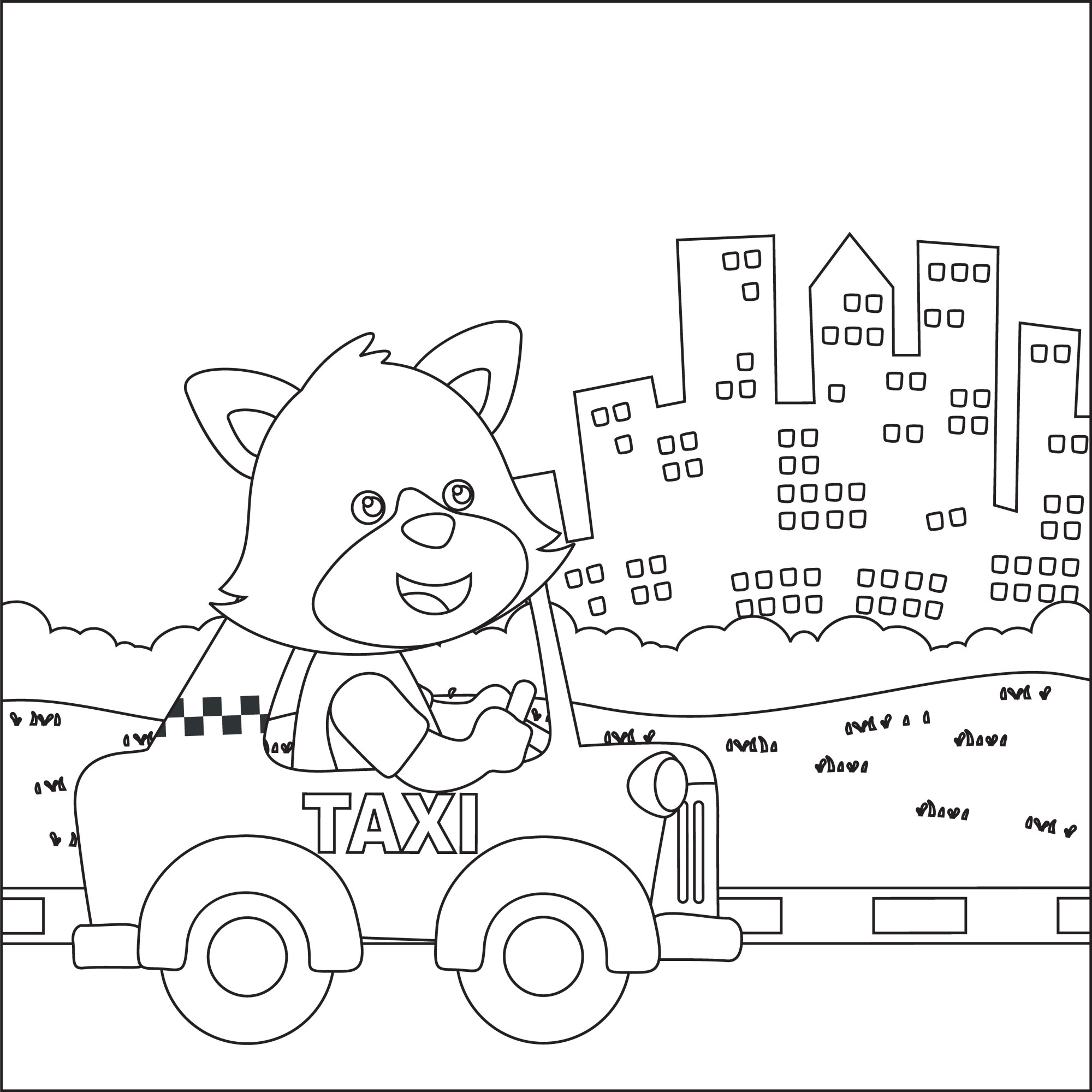 Раскраска для детей: очаровательный лисенок водитель такси