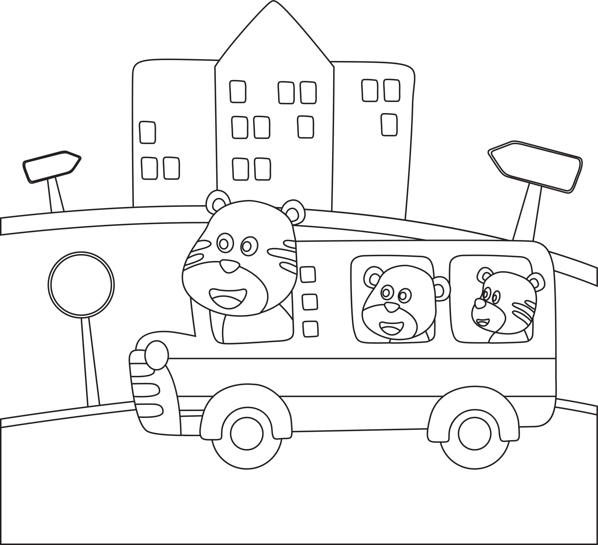 Раскраска для детей: автобус с пассажирами тигрятами едет по маршруту