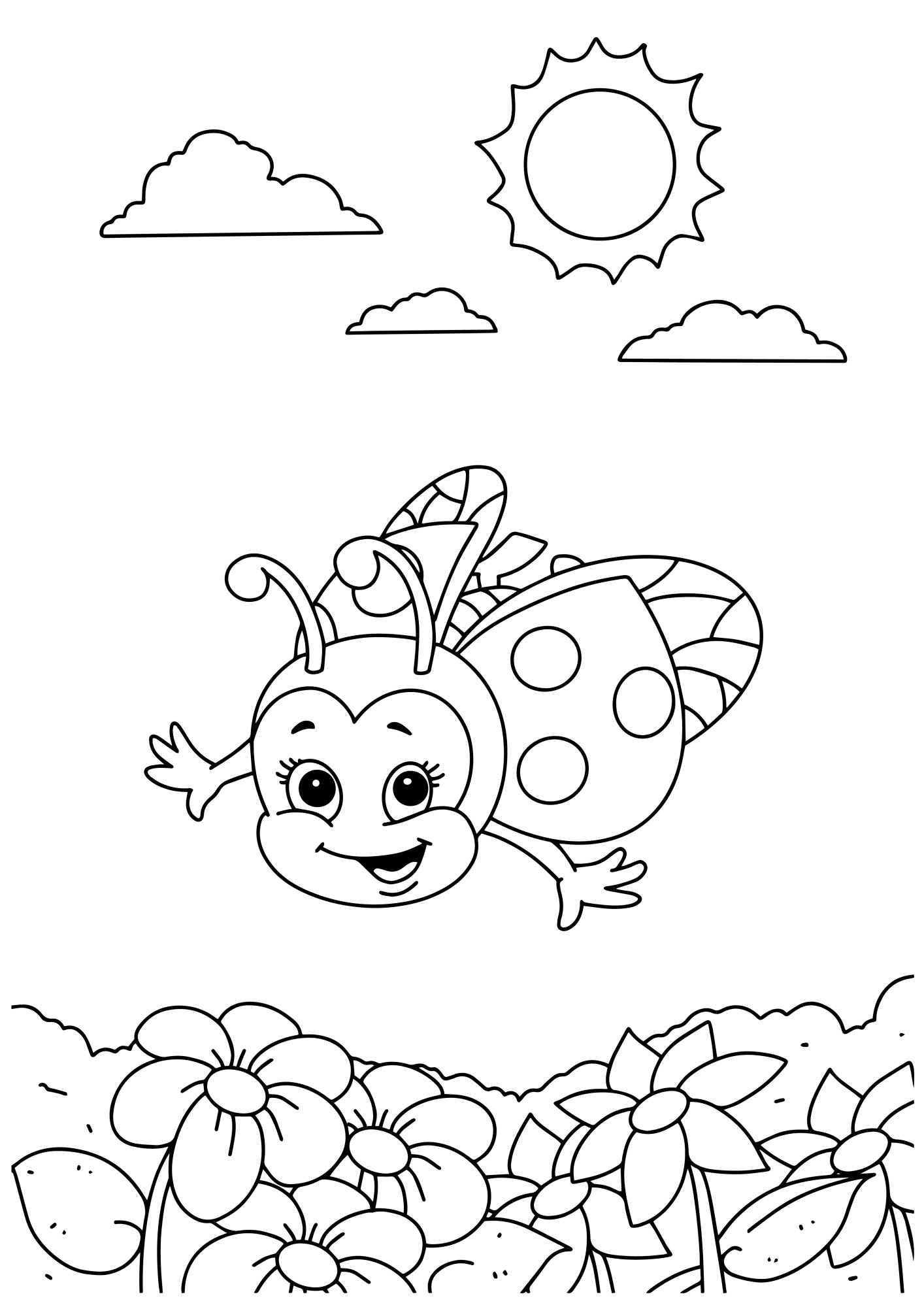 Раскраска для детей: мультяшная божья коровка летит над цветами