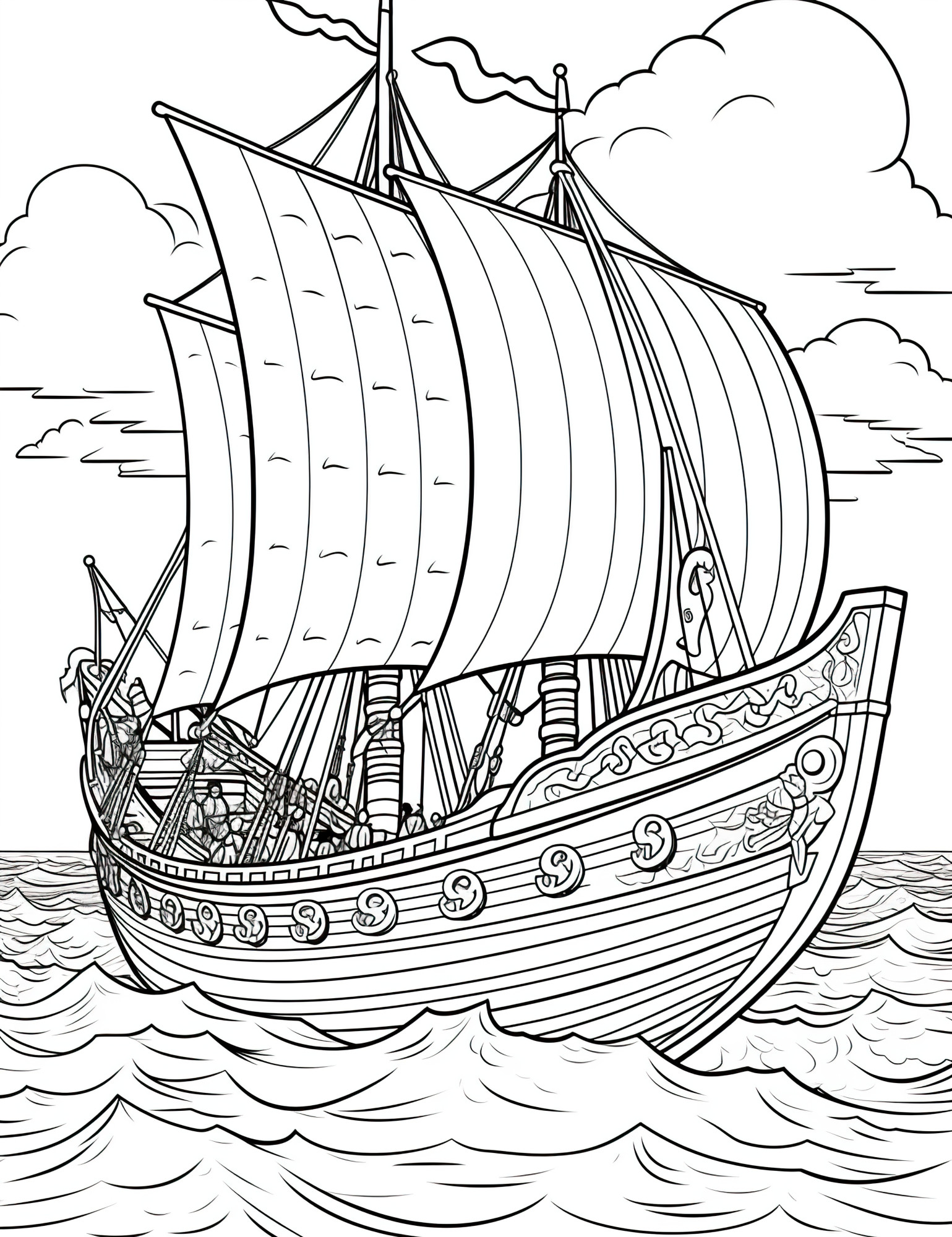 Раскраска для детей: большой красивый корабль с парусами «Сквозь пелену тумана»