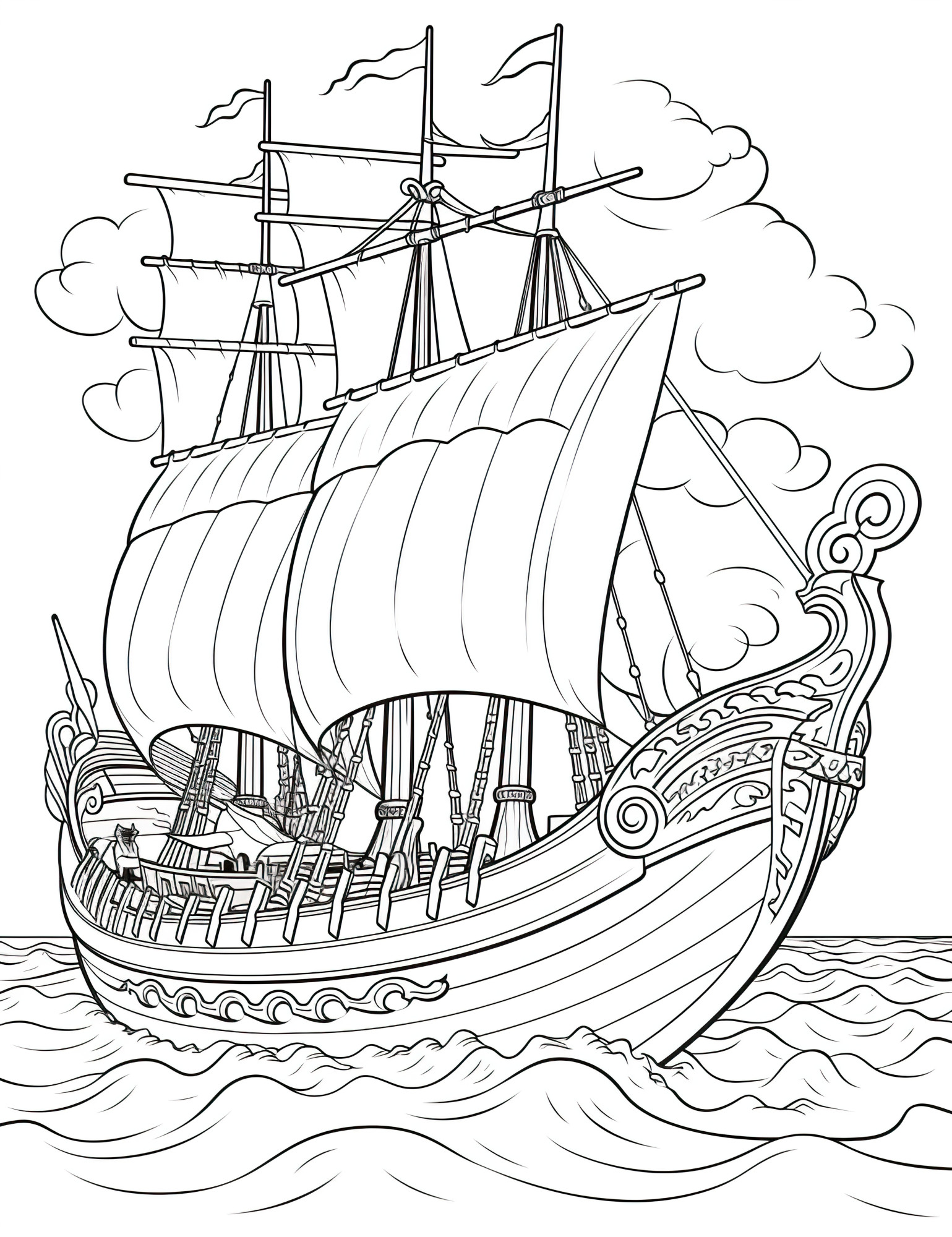Раскраска для детей: исторический корабль с парусами в океане