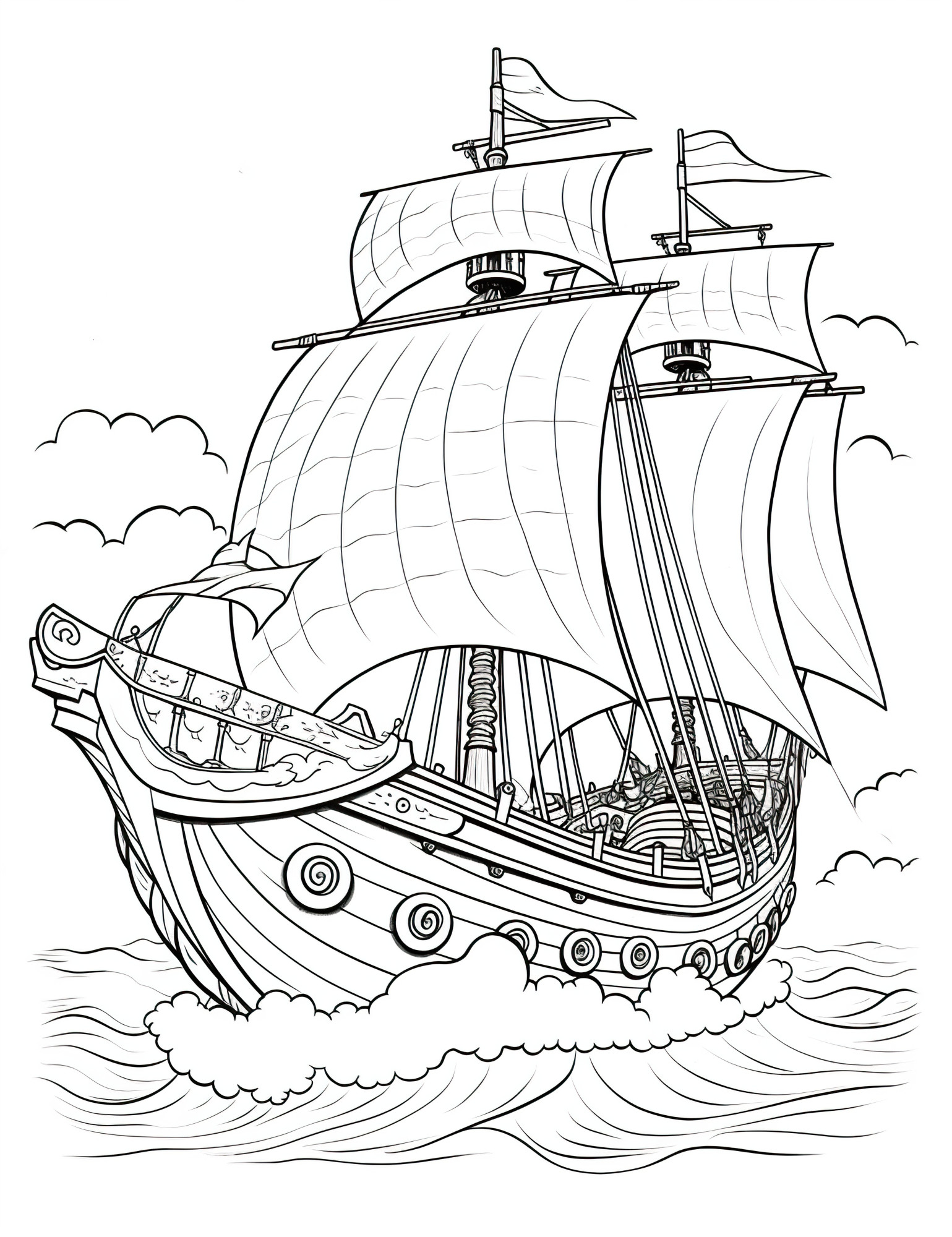 Раскраска для детей: корабль плывущий по океану