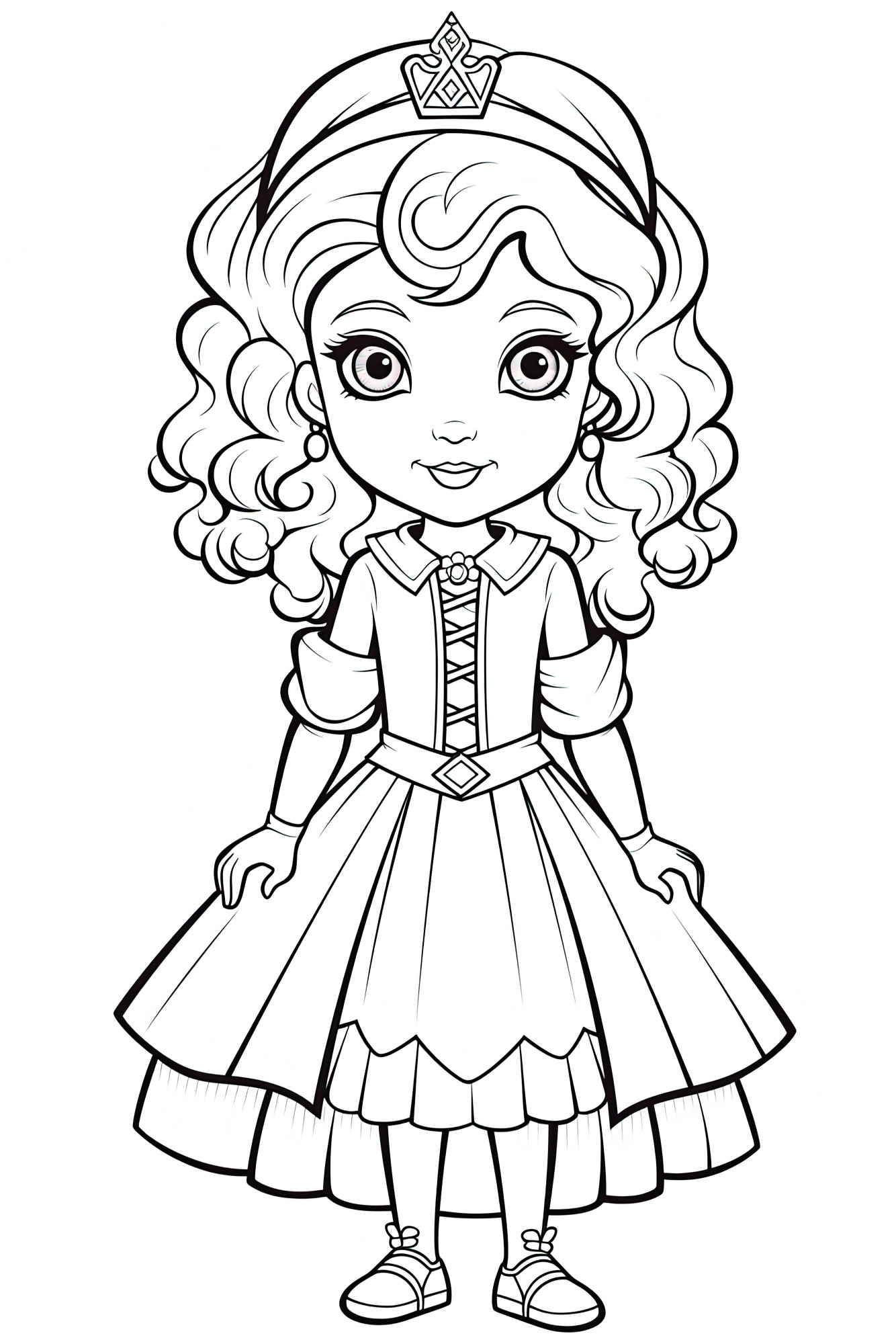 Раскраска для детей: кукла принцессы с выразительными глазами и шикарном платье