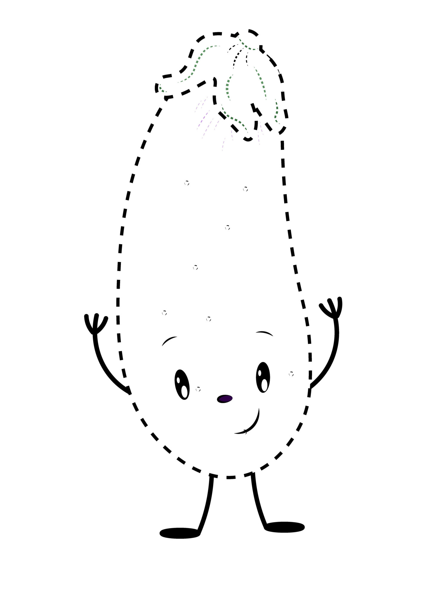 Раскраска для детей: мультяшный баклажан с поднятыми руками