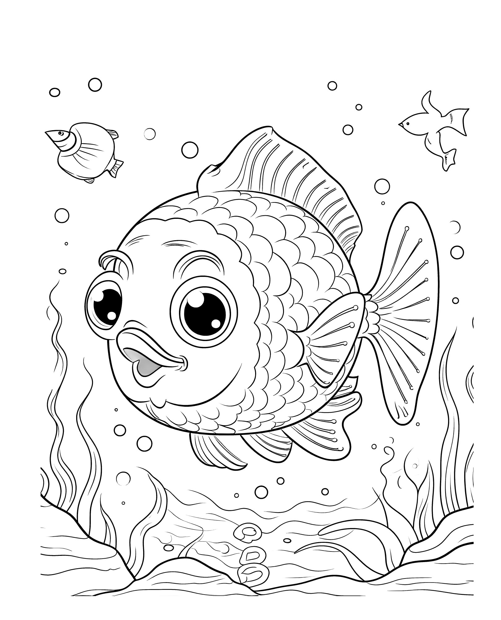 Раскраска для детей: большая рыба с большими глазами и ртом