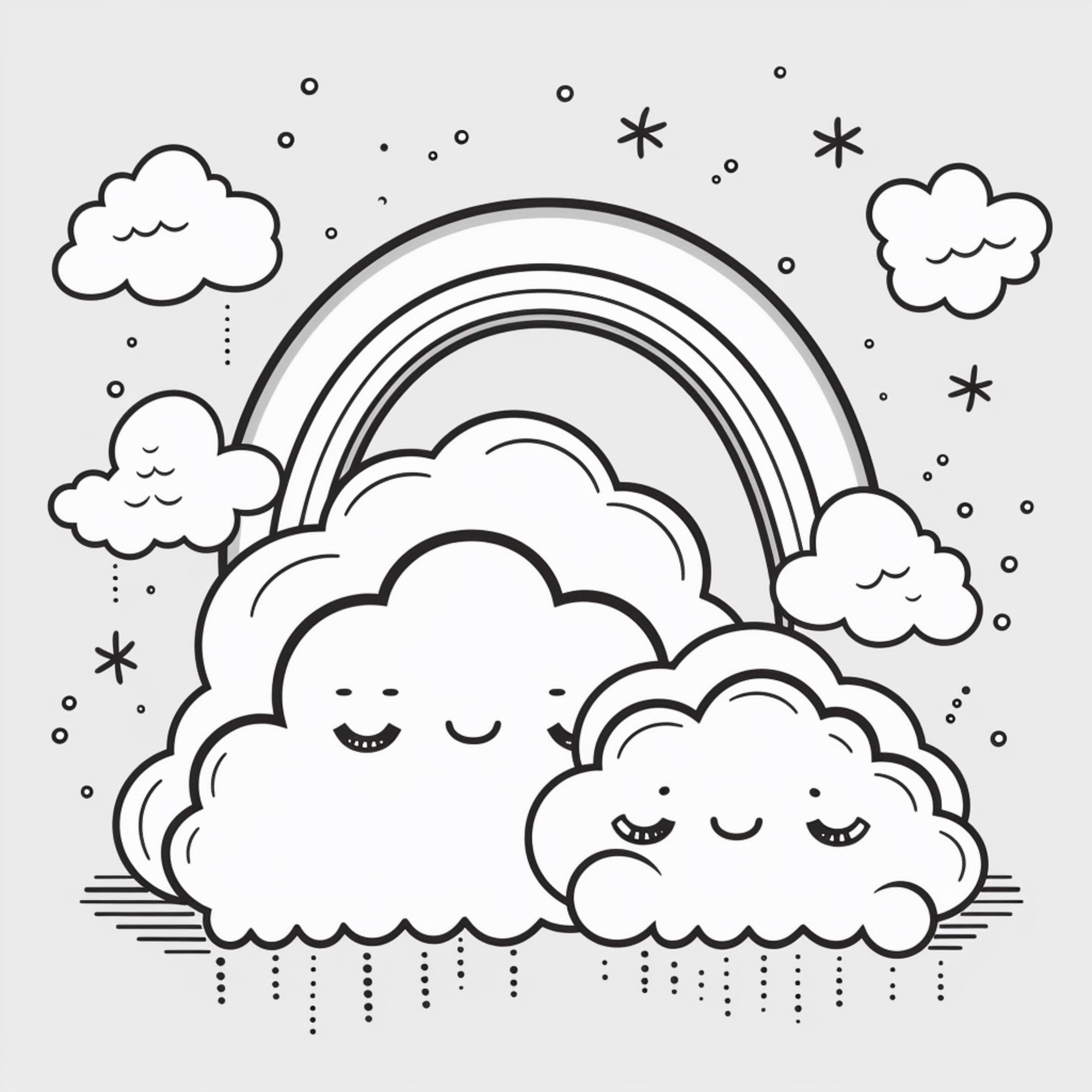 Раскраска для детей: два облачка на фоне радуги