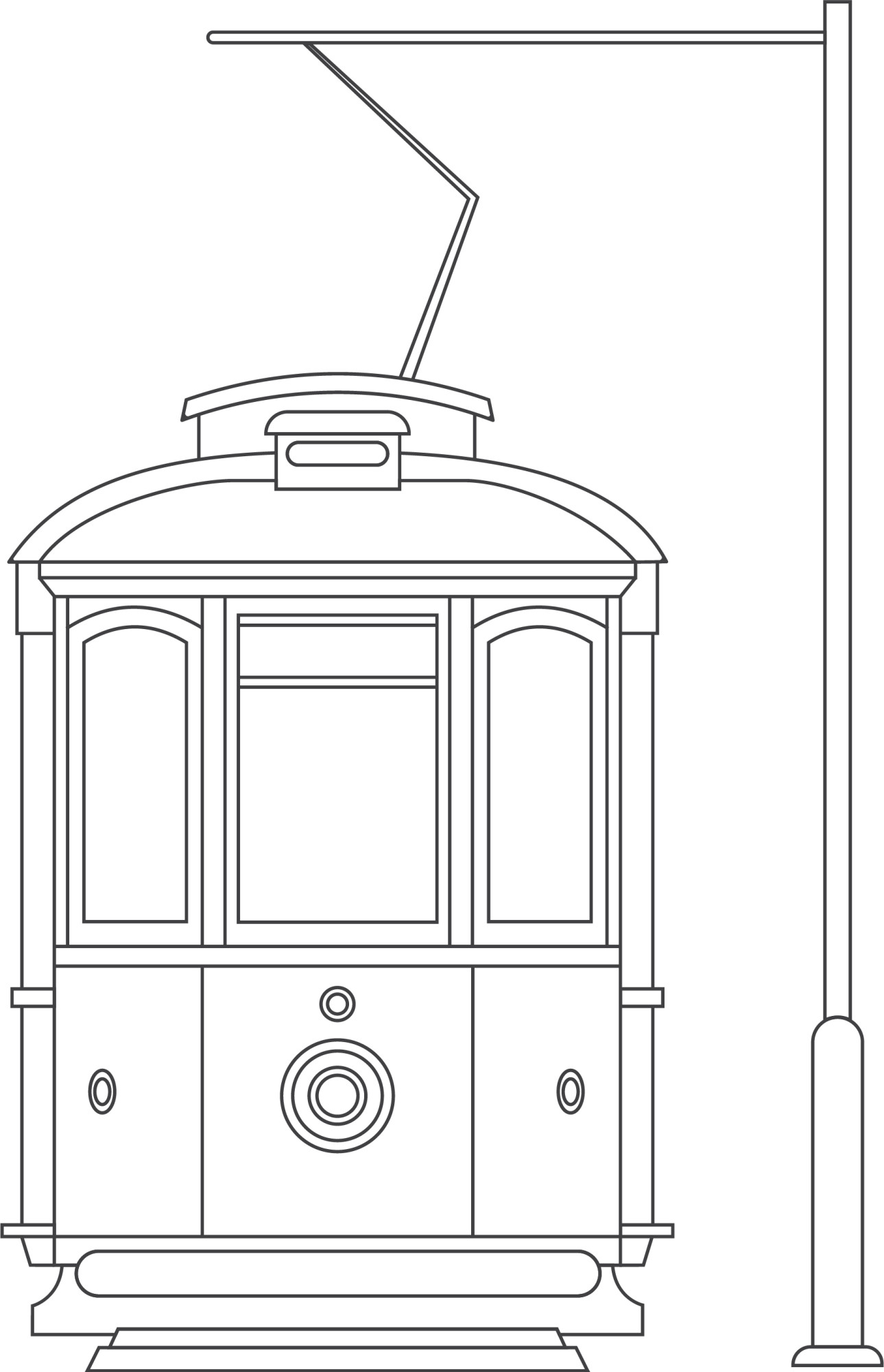 Раскраска для детей: трамвай стоит на станции