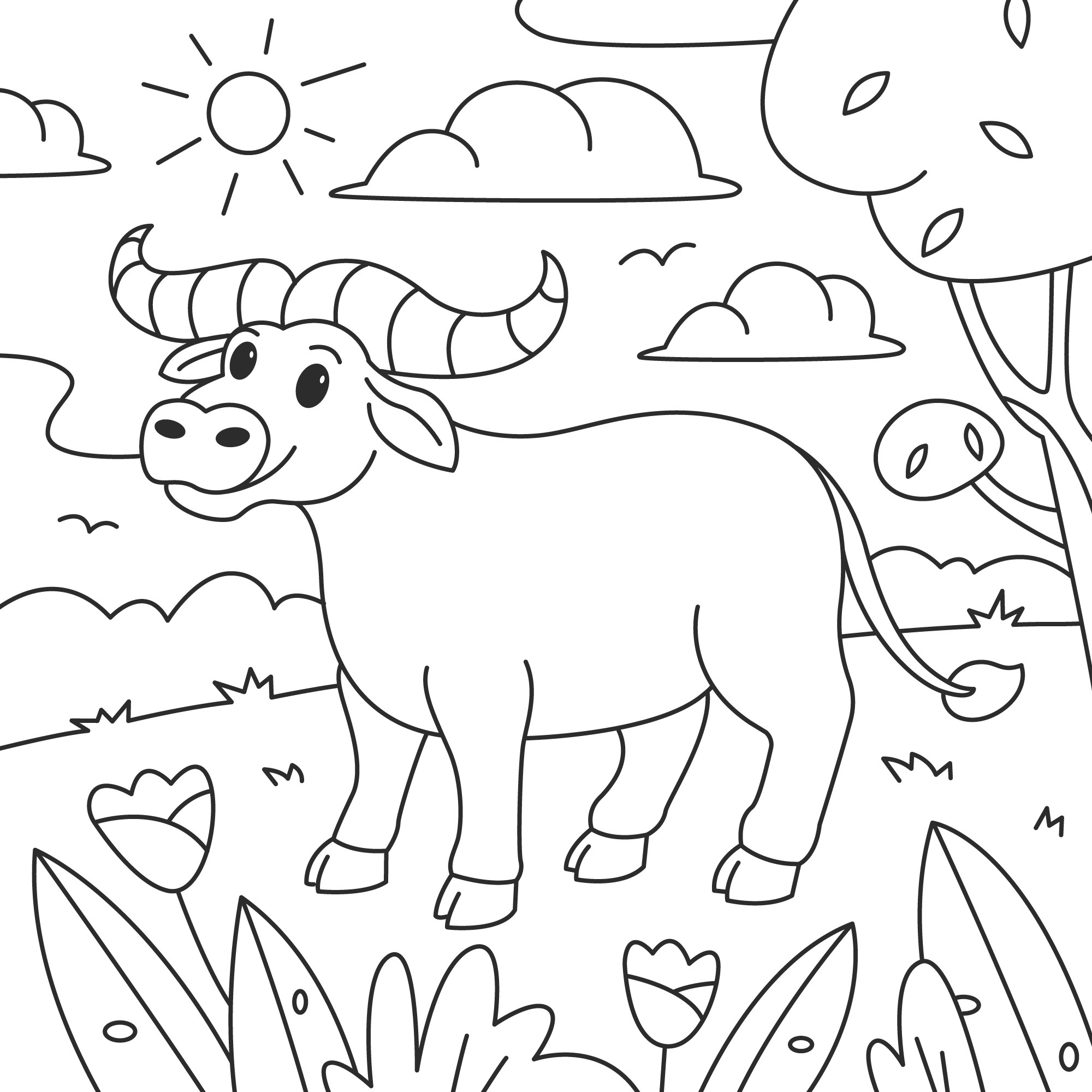 Раскраска для детей: большой бык на опушки в лесу