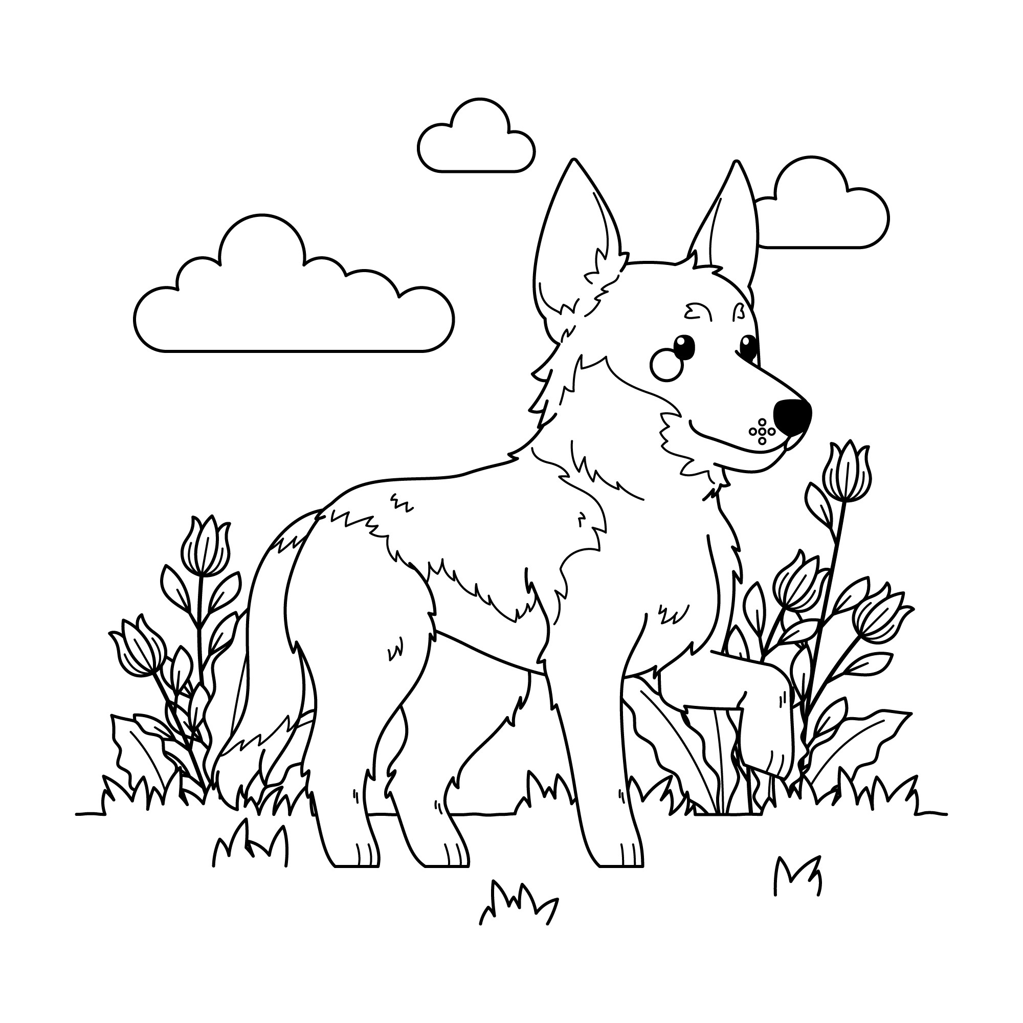Раскраска для детей: волк на поляне с цветами