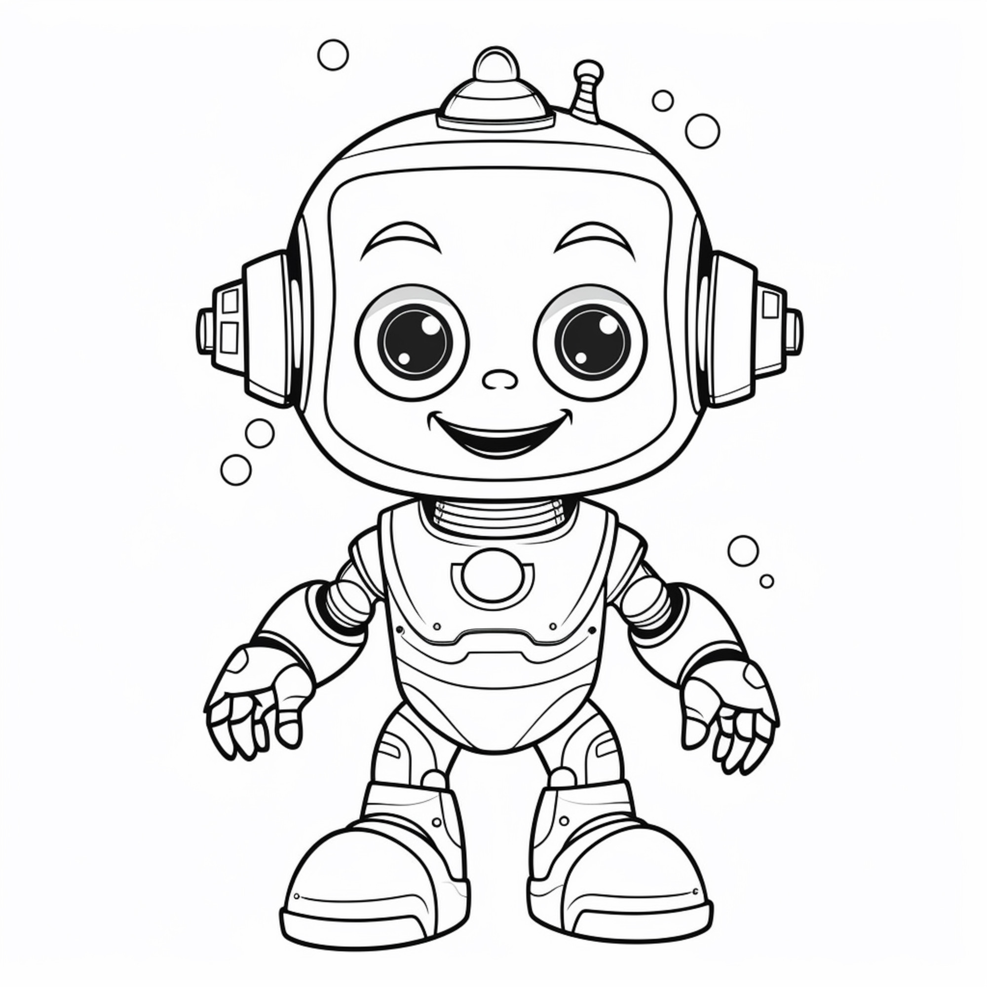 Раскраска для детей: счастливый робот с широкой улыбкой на лице