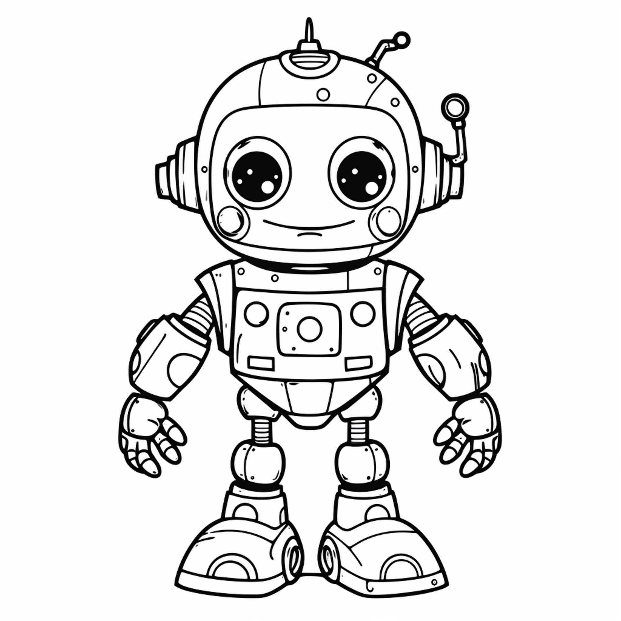 Раскраска для детей: веселый робот с руками и добрым взглядом