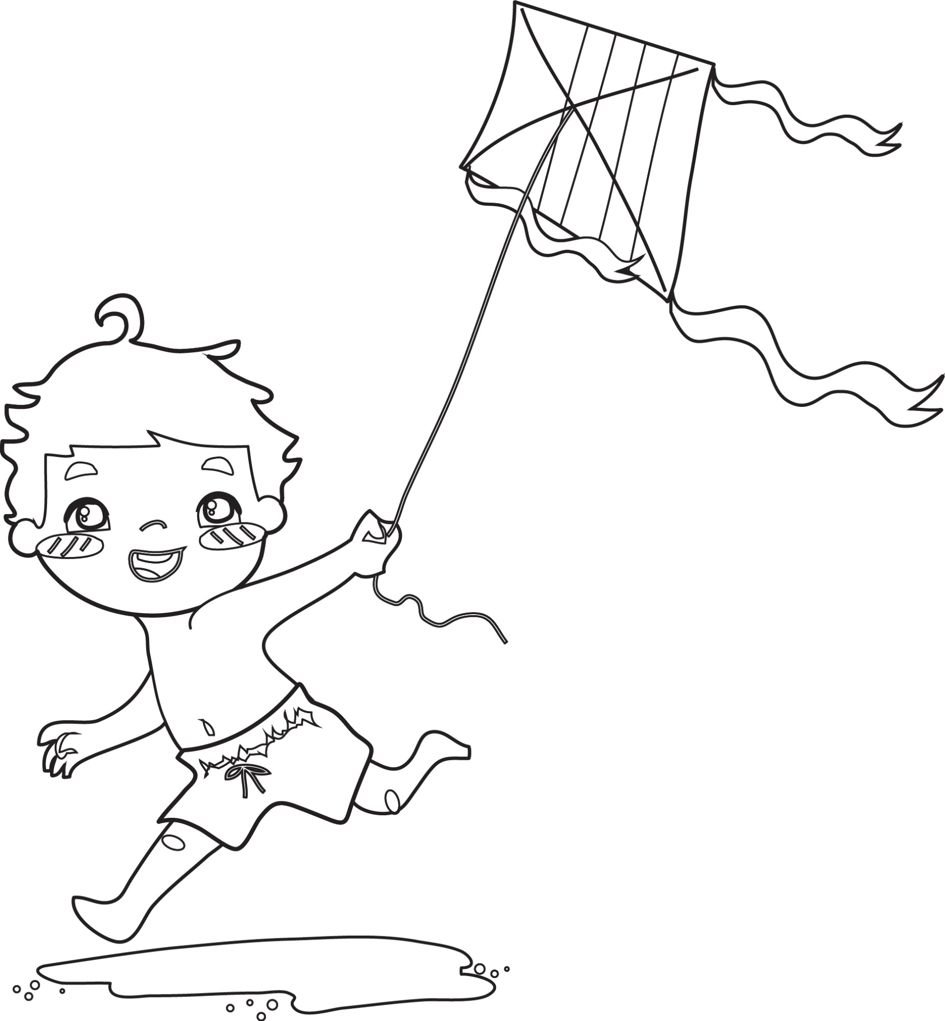 Раскраска для детей: маленький мальчик играет с воздушным змеем