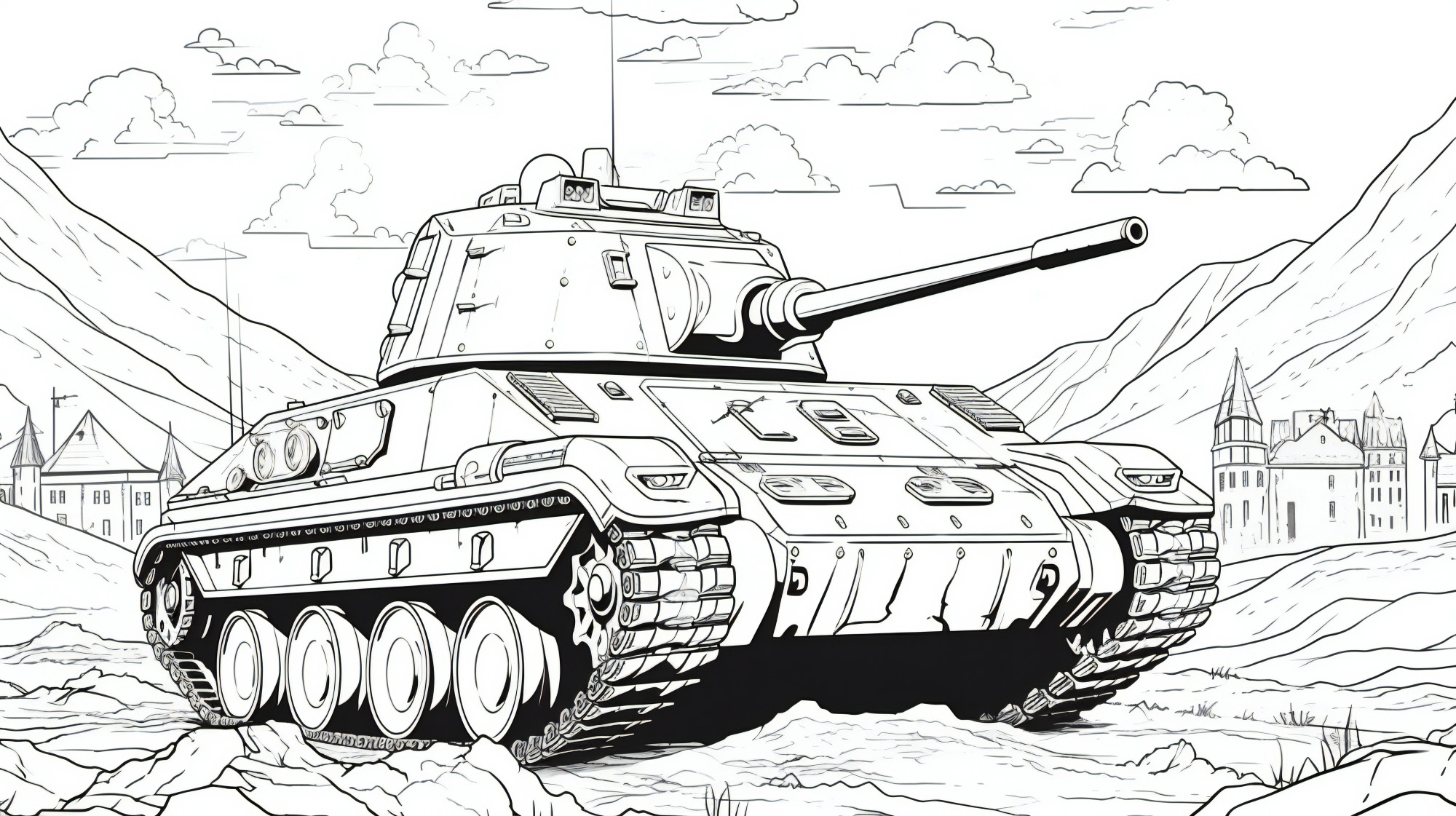 Раскраска для детей: боевой танк в полевых условиях