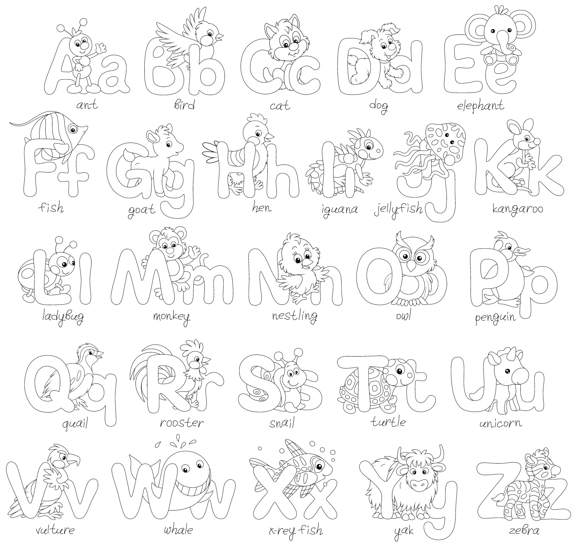 Раскраска для детей: английский алфавит с мультяшными животными