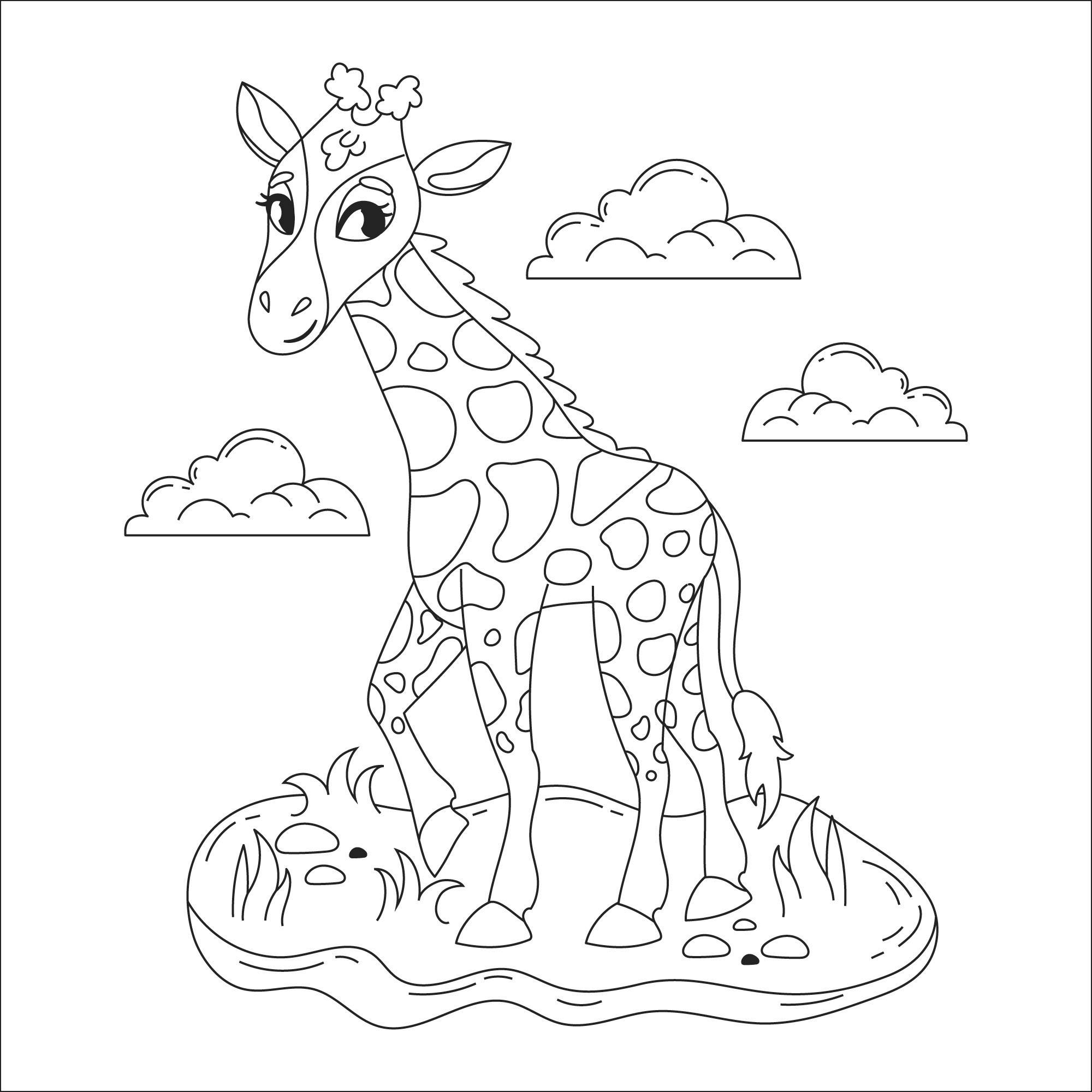 Раскраска для детей: красивый жираф на поляне на фоне облаков