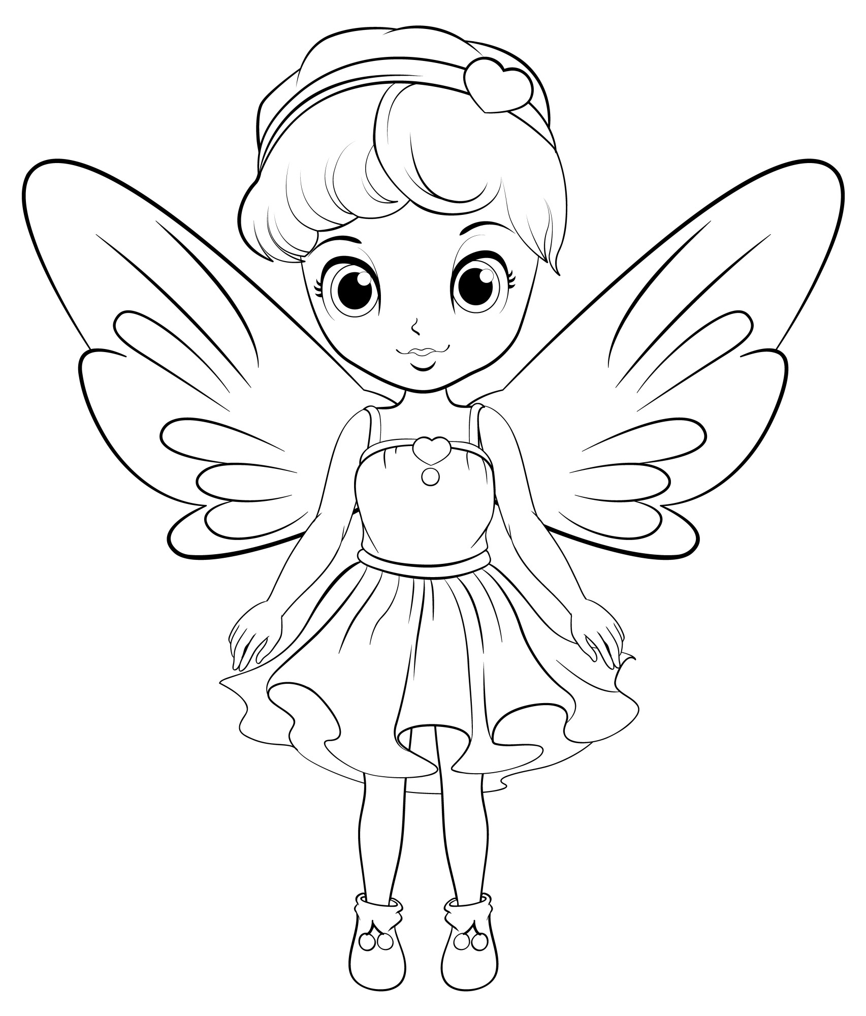 Раскраска для детей: девочка с большими крыльями бабочки