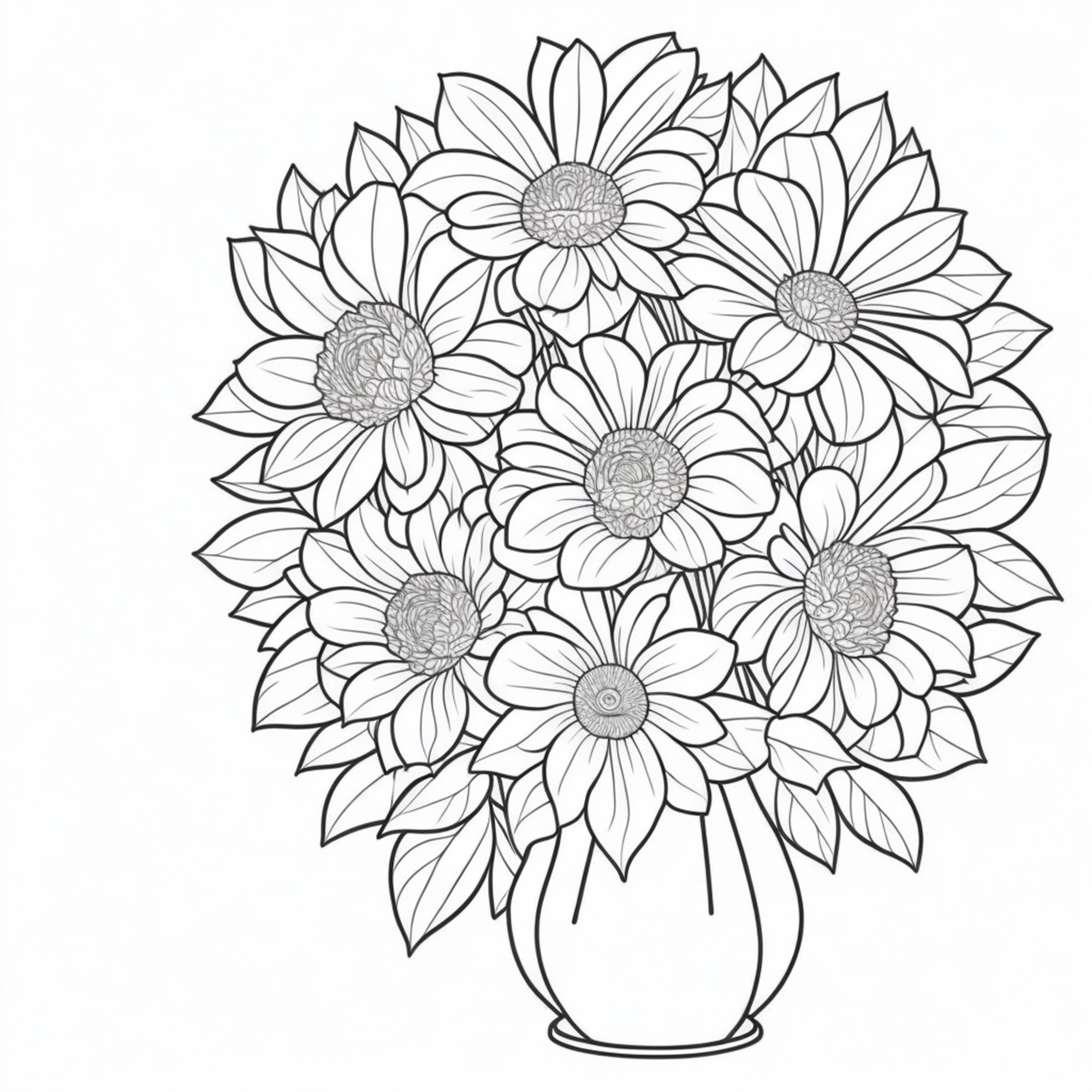 Раскраска для детей: много красивых цветов в вазе