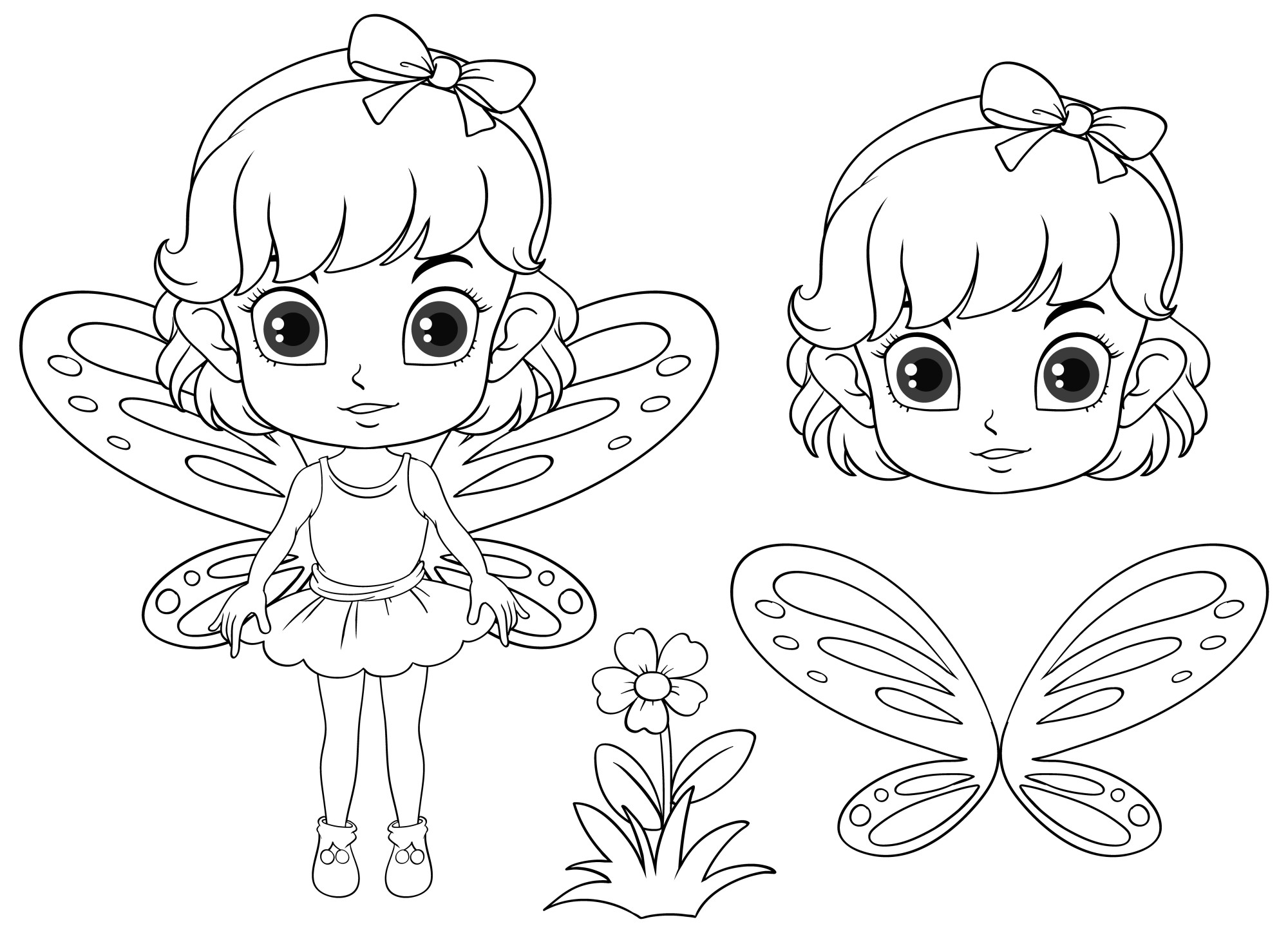 Раскраска для детей: девочка с красивыми крыльями бабочки и цветочком