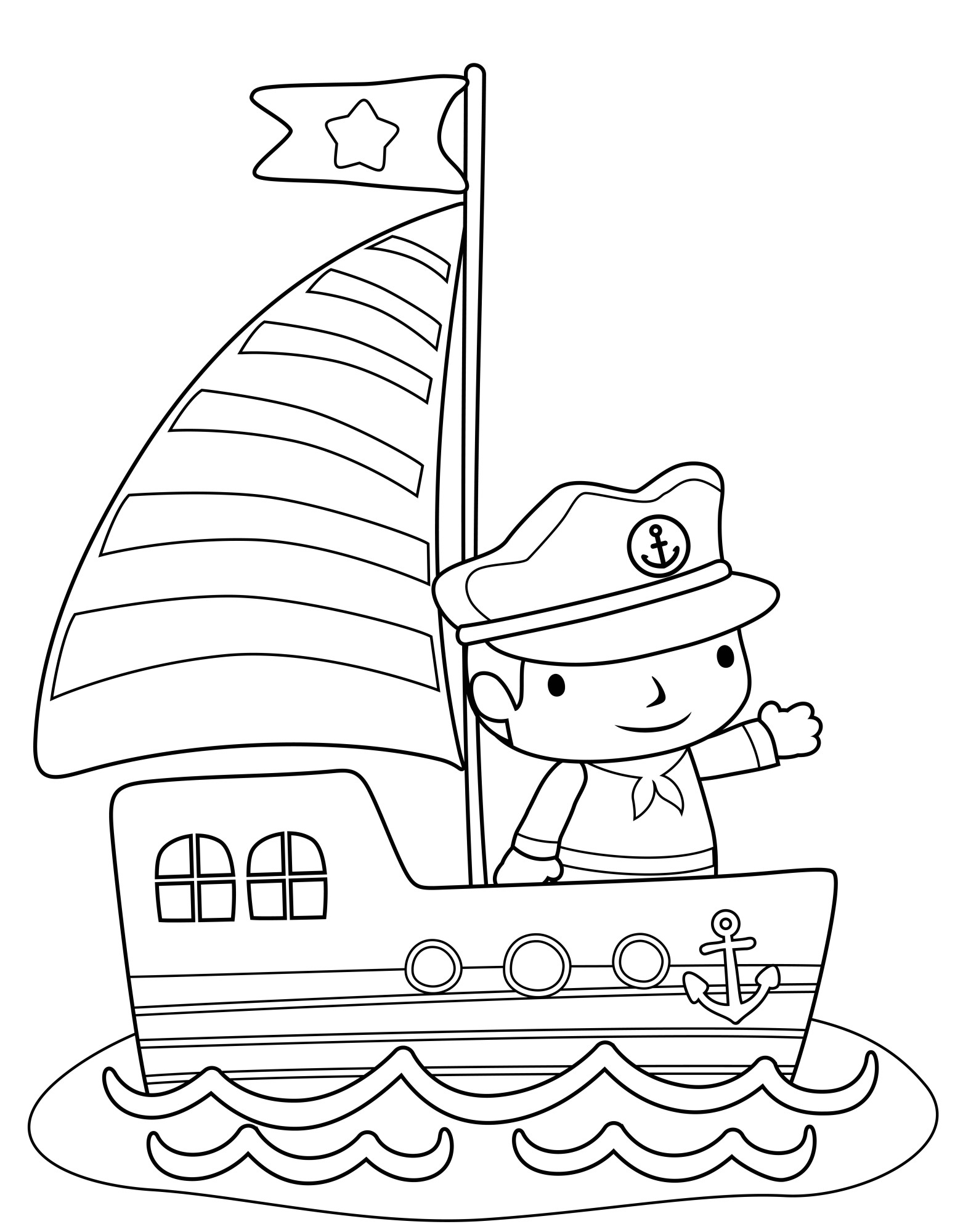 Раскраска для детей: корабль в море с капитаном на борту