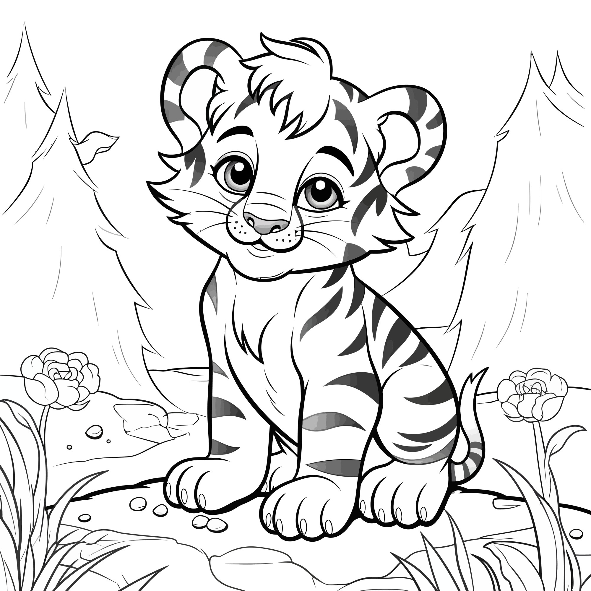 Раскраска для детей: тигренок на поляне на фоне леса