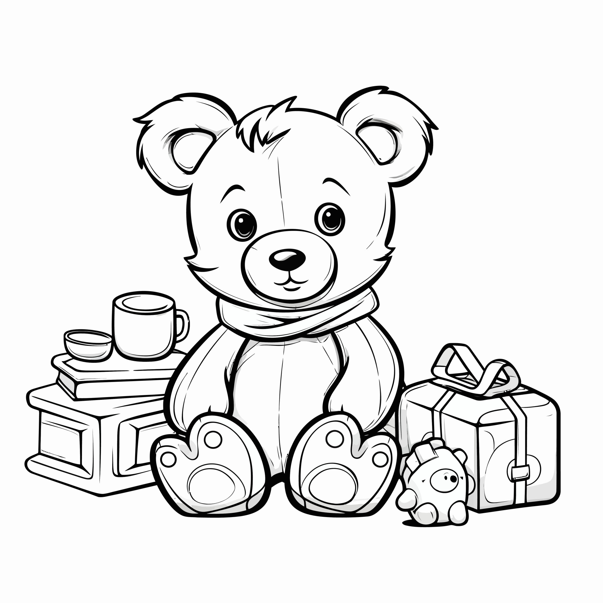 Раскраска для детей: плюшевый медведь с игрушками