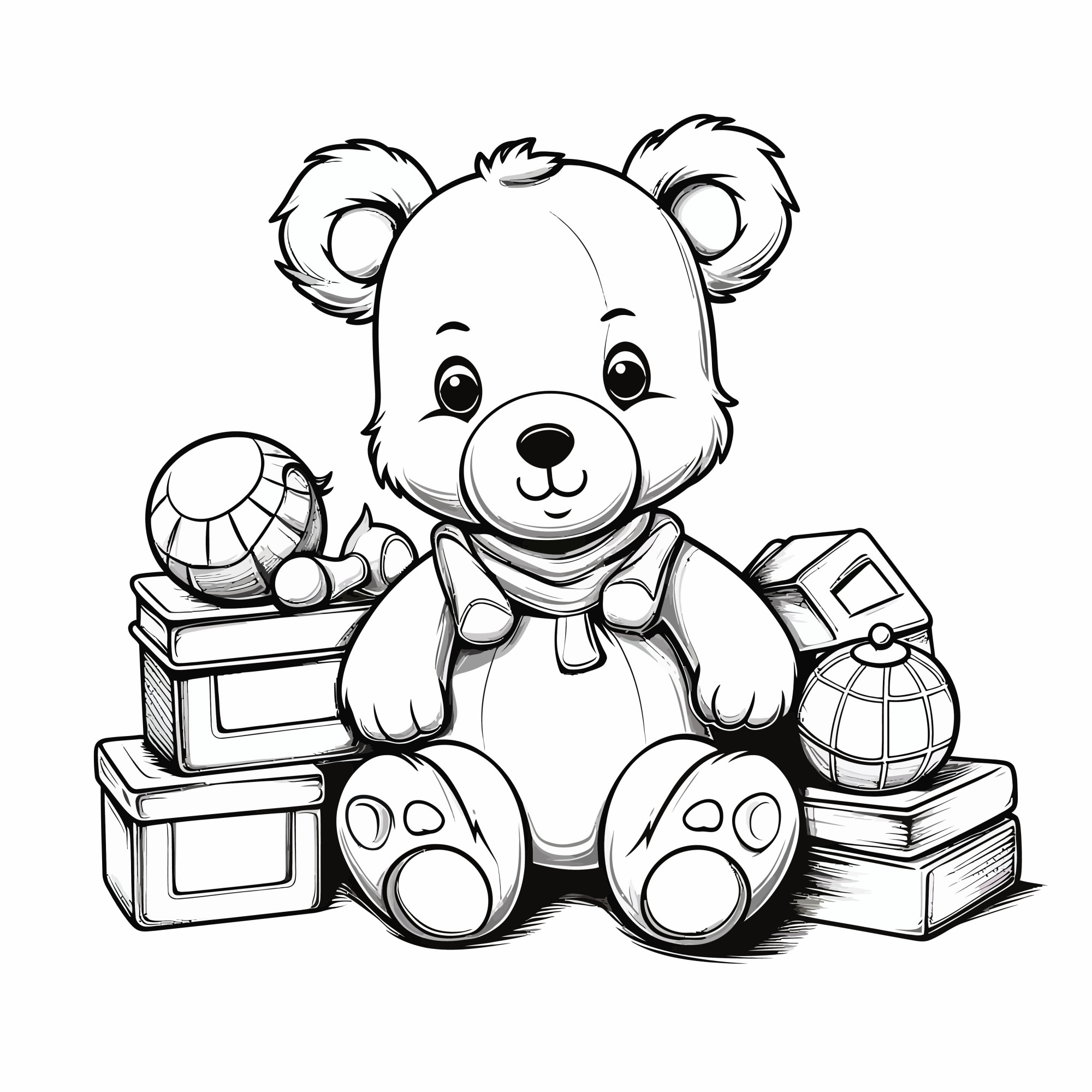 Раскраска для детей: кукла медведь сидит в детских игрушках